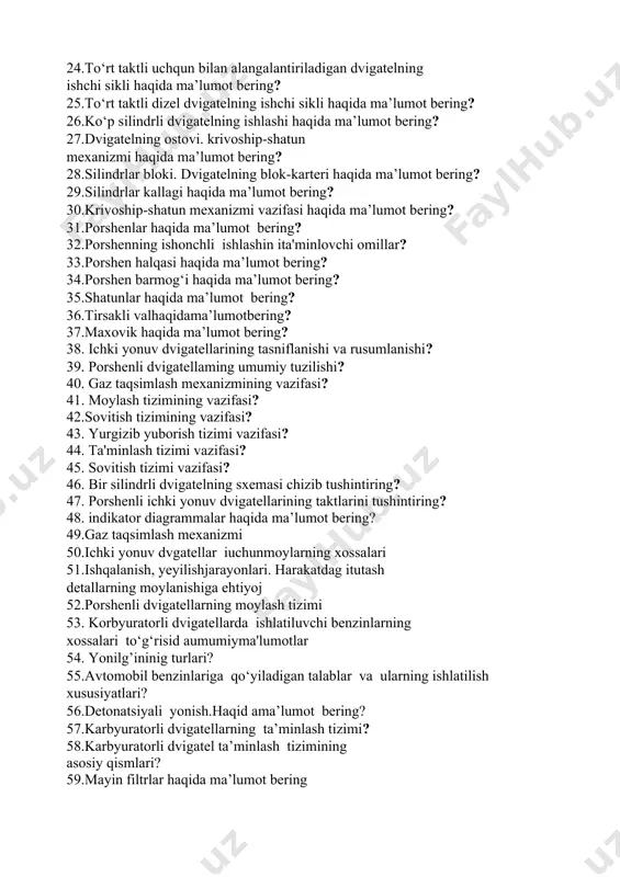 akti davomida porshenning harakatini tushuntiring. 98.kengayish takti davomida porshenning harakatini tushuntiring. 99.chiqarish takti davomida porshenning harakatini tushuntiring. 100. to‘rt taktli dvigatellarda ishchi sikl tirsakli valning nechta aylanishida ro‘y beradi? tuzuvchi: “umumtexnik fanlar kafedrasi”dotsenti, n.rustamova