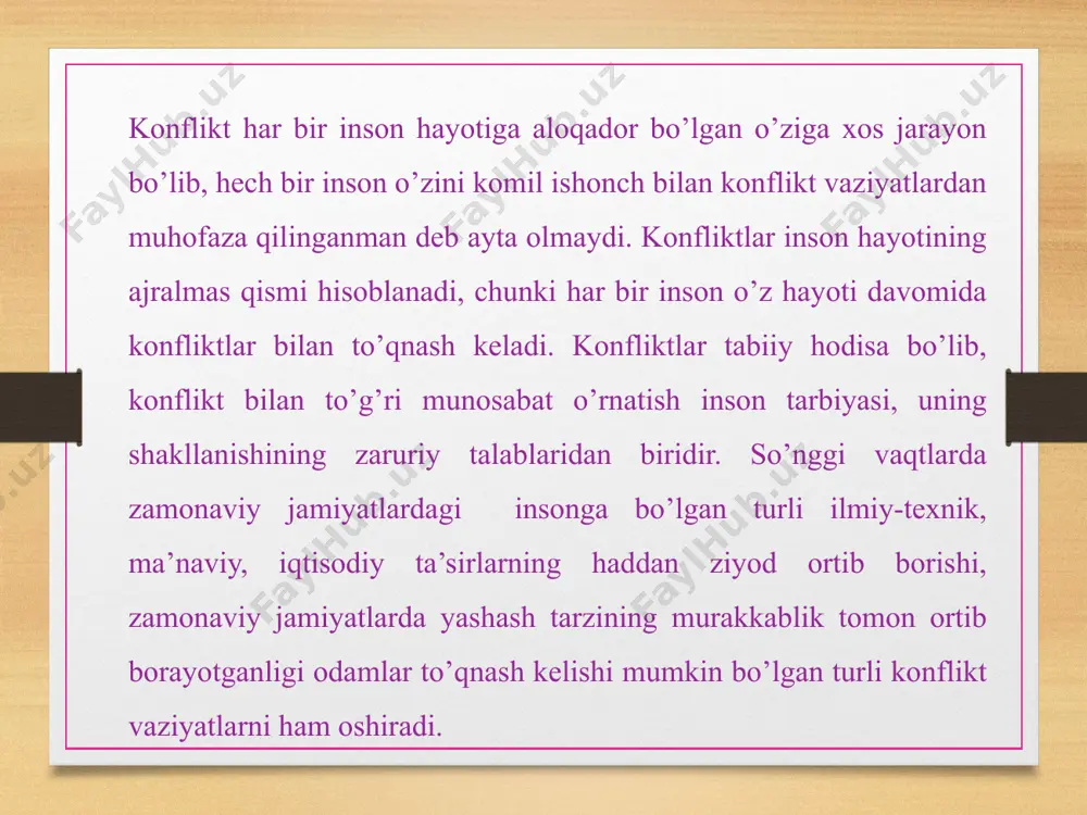 linadi. aslida ham shunday-mi?! bir tomonning g`olibligi ikkinchi tomonninng mag`lubiyati sifatida kabul qilinishi faqat sport musobaqalarida amal qiladi. sportda albatta bitta g`olib, bitta mag`lub bo`ladi. sportda albatta bir odam birinchi o`rin, va faqat bir odam ikkinchi o`rinni egallaydi. ammo hayotdagi to`qnashuvlarda xar ikkala o`rin xam - birinchi o`rin bo`lishi mumkin. chunki hayotdagi to`qnashuvlarda har bir tomonning yutug`i boshqacha bo`lishi mumkin. bir tomon o`zining ma'lum manfaatlarini, ikkinchi tomon ham o`zining ma'lum manfaatlarini himoyalab, ziddiyatda yutishi mumkin. manfaatlar esa har xil bo`lishi mumkin. shu bois, konfliktda- "mеn yutishim kеrak, shu bois mеn sеnga halaqit bеraman. mеn sеni to`xtataman. fakat mеning aytganim bo`ladi", dеb bo`lmaydi. konfliktda "sеning manfaating mana bunda ekan, mеning manfaatim esa-bunda. shu bois, o`zaro kеlishsak, sеning manfaating xam, mеning manfaatim xam muhofaza qilinadi", qabilida ish ko`rish foydaliroq bo’ladi. "norozilikka rozilik " konflikt vaziyatlarda va konfliktlar yеchimida "norozilikka rozilik" qonuniyati amal qiladi. norozilikka rozilik - konflikt vaziyatdan chiqib kеtish uchun xar …
