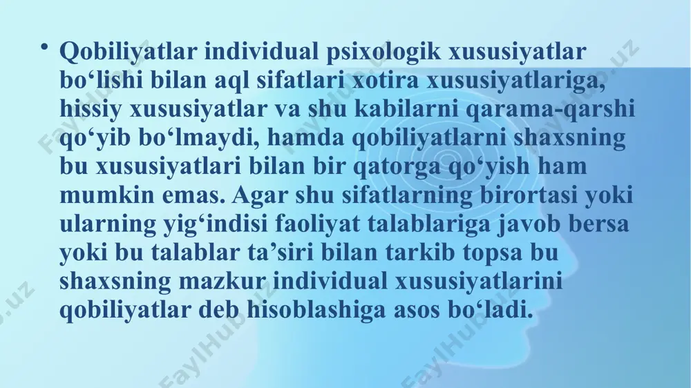 iy qobiliyatlarning rivojlanishi uchun asos sifatida yuzaga kelishi mumkin. intellektual qobiliyatlarning nishonalari esa, avvalambor, miyaning u yoki bu darajadagi qo‘zg‘aluvchanligida, asab jarayonlarining harakatchanligida, vaqtincha aloqalarning hosil bo‘lish tezligida, ya’ni, i.p. pavlov genotip – asab tizimining tug‘ma xususiyatlari deb atagan miya faoliyatining shular kabi vazifalarida namoyon bo‘ladi. miya, his-tuyg‘u organlari, harakat (tug‘ma nishonalar) tuzilishining tug‘ma anatomik-fiziologik xususiyatlari odamlar o‘rtasidagi individual farqlarning tabiiy asosini belgilab beradi. ko‘pchilik psixologlarning fikricha, nishonalar – bu asab tizimining irsiyat tomonidan belgilangan (tug‘ma) anatomik-fiziologik xususiyatlari. lekin olimlarning ayrimlari, masalan, r.s. nemov, odamda ikki xil nishonalarning: tug‘ma (tabiiy) va orttirilgan (ijtimoiy) turlari mavjudligini faraz qiladilar. nishonalarning rivojlanishi – bu tarbiya sharoitlari va jamiyat rivojlanishining xususiyatlari bilan bog‘liq bo‘lgan ijtimoiy shartlangan jarayon. jamiyatda u yoki bu kasbga ehtiyoj tug‘ilgan sharoitda nishonalar rivojlanadi va qobiliyatlarga aylanadi; nishonalar rivojlanishining ikkinchi muhim omili tarbiyalash xususiyatlari hisoblanadi. nishonalar maxsus bo‘lmaydi. odamda muayyan turdagi nishonalarning mavjudligi qulay sharoitlarda ular asosida ma’lum qobiliyatning rivojlanishi zarurligini …