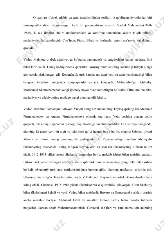 yotgan fitrat shakuriy bilan fikrlashgani keladi va yosh vadud bilan tanishadi. buxoro va samarqand yoshlari orasida ancha mashhur bo`lgan abdurauf fitrat va muallim ismoil sadriy bilan birodar tutinishi natijasida ulardan shoir muhammadaminbek yurdaqul she`rlari va ismi noma`lum adibning «buyuk turon» romanini olib o`qib chiqadi. «biz muhammad​a​minbek she`rlarini qo`shiq qilib aytar edik», deydi vadud mahmud ko`rsatmalaridan birida. shu davrda abduqodir karimov, akobir shomansurov kabi ma`rifat fidoyilari bilan do`stlashadi. bu ijtimoiy-adabiy muhit vadud mahmudning tafakkuriga ta`sir ko`rsatmay qolmadi. 1917 yil kuz faslida fitrat bir necha samarqand va buxoro yoshlari qatori uni ufaga olib borib, madrasai oliyaga joylashtiradi. o`zi ham o`sha yerda 20-30 kun turib, ishni pishitib qaytadi. mahmudiy 1918 yil bahor faslida tahsilni tugatib, maxsus hujjat bilan toshkent​ga keladi, so`ng samarqandga qaytadi. yoz oyigacha pedagogika kursida o`qiydi. 1919-1925 yillari o`qituvchilik qiladi. ammo bu orada buxnerning «modda va quvvat» asari bilan tanishadi hamda ashaddiy materialistga aylanadi. 1919-1921 yillari komfirqaga kiradi va samarqand shahar …