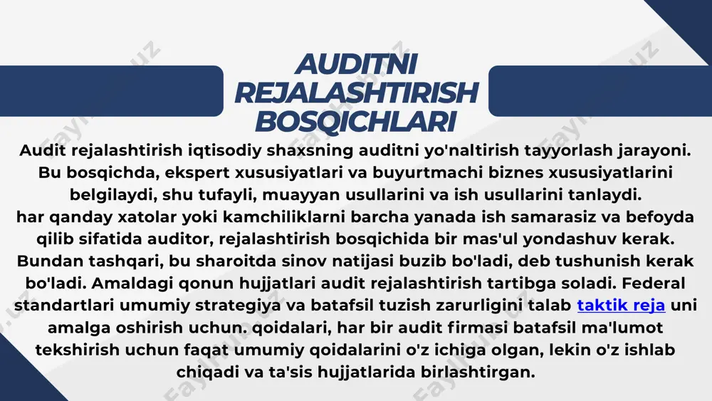 shakllantirish uchun zarur bo‘lgan auditorlik tartib-taomillarning ketma-ketligini, turi va hajmini aniqlab beradigan auditorlik dasturini ishlab chiqishdan iboratdir. 2.auditni rejalashtirish auditorlik tashkiloti tomonidan auditni o‘tkazishning umumiy prinsiplariga, shuningdek quyidagi xususiy prinsiplarga muvofiq o‘tkazilishi kerak: 3.rejalashtirishning kompleksliligi; 4. rejalashtirishning uzluksizligi; 5. rejalashtirishning maqbulligi. auditni rejalashtirishning kompleksliligi prinsipi dastlabki rejalashtirishdan boshlab auditning umumiy rejasi va dasturini tuzishga qadar bo‘lgan rejalashtirishning barcha bosqichlarining o‘zaro bog‘liqliligini va uyg‘unliligini ta’minlashni nazarda tutadi. auditni rejalashtirishning maqbulligi prinsipi shundan iboratki, bunda rejalashtirish jarayonida auditorlik tashkiloti o‘zi belgilagan mezonlar asosida auditning umumiy rejasi va dasturining maqbul variantini tanlash imkoniyatini yaratish uchun rejalashtirishning variantliligini ta’minlashi kerak. auditning umumiy rejasi va dasturini tayyorlash prinsiplari. 1. auditning umumiy rejasi va dasturini ishlab chiqishga kirishar ekan, auditorlik tashkiloti xo‘jalik yurituvchi subyekt to‘g‘risidagi dastlabki bilimlarga, shuningdek, o‘tkazilgan tahliliy tartib-taomillarning natijalariga asoslanishi kerak. 2.tahliliy tartib-taomillarni o‘tkazish yordamida auditorlik tashkiloti audit uchun ahamiyatli bo‘lgan sohalarni aniqlashi kerak. tahliliy tartib-taomillarning murakkabligi, hajmi va o‘tkazish muddatlarini auditorlik tashkiloti …