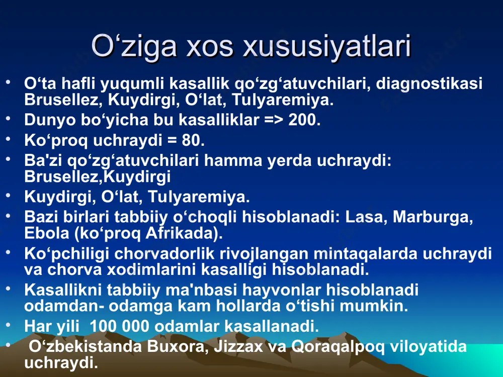 sariyog‘ va pishloqda -1 yilgacha. yuqori haroratga chidamsiz- 70с - 10 daqiqa. patogenlik omillari endotoksin (allergik xususiyatga ega) patogen fermentlari: gialuronidaza, neyrominidaza kapsula, tarkibida past molekulyar ingibitorlar tutadi, fagolizosoma hosil bo‘lishini tormozlaydi. patogenezi tabbiiy manbasi: qo‘y, qoramollar,cho‘chqalar. kam hollarda: tuyalar, otlar va kemiruvchilar bo‘lishi mumkin. odam manba bo‘lmaydi. o‘zbekistonda: br. melitensis – 90% br. abortis – 5-9% br. suis – 1% yuqish yo‘llari: kontakt, alimentar, aspirasion, havo-chang yo‘li. teri → limfatik tugunlarda ko‘payadi → qonga o‘tadi (uzoq yillar). patogenezi hayvonlarda: ko‘proq bola tashlash kuzatiladi. bola tashlashga asosiy sabab – yo‘ldoshda brusellalarni o‘sish faktori hisoblangan ko‘p atomli spirt eritriol uchraydi. qo‘zg‘atuvchi organizimga tushgandan so‘ng uzoq vaqt fagosit hujayralarida yashaydi. klinika(2 formada) o‘tkir- inkubasion davri 2 hafta,qaltirash, harorat ko‘tarilishi 39-400s, ko‘p terlash umumiy simptomlardan tashqari: erkaklarda orxit. ayollarda bola tashlash (abort). bo‘ginlarda mushak, suyaklarda og‘riq kuzatiladi. davolanmasa surinkali shaklga o‘tadi. laborator diagnostikasi asosiy usul – mikrobiologik – yuqori harorat paytida qon olinadi …