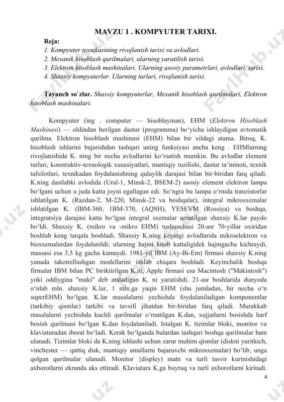 hlab chiqarishni tubdan oʻzgartirishga, kishilarning ishini osonlashtirishga imkon beradi. ob-havoni oldindan aytib berishda meteostansiyalar va sunʼiy yoʻldoshlardan keladigan axborotlarni yigʻib va tahlil qilib, juda katta hisoblash ishlarini bajaradi va inson uchun qulay boʻlgan shaklda ifodalaydi 44-chi paragrafda charlz babbaj loyihasi haqida ma'lumot berildi - bu dasturiy ta'minotni boshqaradigan hisoblash mashinasini yaratishga birinchi bor urinish. babbage xix asrning o'rtalaridagi texnik bazasidan foydalangan holda analitik mashinasini qurishga muvaffaq bo'lmadi. 19-asrning oxiri va 20-asrning boshlarida elektrotexnikani rivojlantirish bilan bu muammoni yana qaytarish mumkin bo'ldi. hisoblash va o'rni mashinalari 19-asrning oxirida amerikada hermann xollerit mashinalarni hisoblash va perforatsiyalashni ixtiro qildi. ularda, shuningdek, "babbage analytical" mashinasida ham, dasturning taqdimoti uchun emas, balki, saqlash raqamli ma'lumotlar. har bir bunday mashina faqat bittasini bajarishi mumkin edi. maxsus dasturzarb qilingan kartochkalarni va ularga zarb qilingan raqamlarni manipulyatsiya qilish orqali. hisoblash va yumshatuvchi mashinalar perforatsiya, raqamlarni ajratish, yig'ish, bosib chiqarishni amalga oshirdi. ushbu mashinalarda statistik ishlov berish, buxgalteriya hisobi …