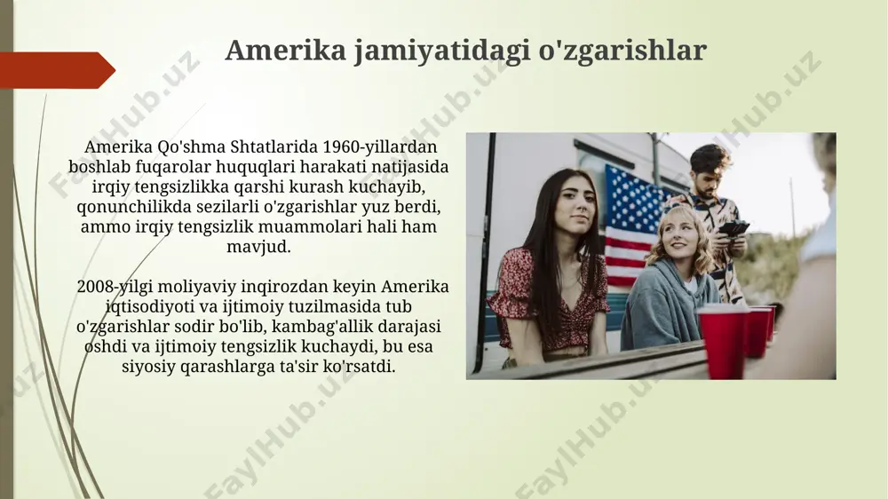 , buyuk britaniya va irlandiyadan bo'lgan. bu davrda ko'plab immigrantlar o'z vatanlaridagi siyosiy zulmdan va iqtisodiy qiyinchiliklardan qochib kelishgan. 1840-1860 yillar oralig'ida aqshga 5 million irland immigrantlari kelgan, bu esa mamlakat aholisining keskin o'sishiga va irlandiyalik amerikaliklar jamiyatining shakllanishiga olib kelgan. bu davr "irlandiya qochqinlari to'lqini" deb ataladi. qo'shma shtatlarning shakllanishi g'arbiy kengayish jarayoni, 1803 yildagi luiziana xaridini o'z ichiga olgan holda, qo'shma shtatlar hududining sezilarli darajada kengayishiga va aholining ko'payishiga olib keldi. 1787 yilda qabul qilingan qo'shma shtatlar konstitutsiyasi federal hukumatni o'rnatdi va kuchlarni federal va shtat hukumatlari o'rtasida taqsimladi, respublika tuzumini yaratdi. zamonaviy amerika jamiyati amerika qo'shma shtatlarida 2020 yilgi aholini ro'yxatga olish ma'lumotlariga ko'ra, o'rtacha uy xo'jaliklari soni 2,5 kishini tashkil etadi, bu demografik o'zgarishlarni ko'rsatadi. taxminan 80 million amerikalik - bu umumiy aholining 25% dan ortig'ini tashkil etadi - shahar atroflarida yashaydi, bu suburbanizatsiya jarayonining keng tarqalganligini ko'rsatadi. e'tiboringiz uchun rahmat @taqdimot_robot image1.jpg image2.jpg image3.jpg image4.jpg …