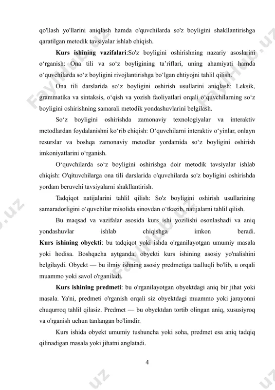 rni kengaytiradi: so'z boyligini oshirish ijod oʻquvchilarda soʻz boyligini oshirishning ijtimoiy va psixologik aspektlari ko'p jihatdan muhim ahamiyatga ega. soʻz boyligi — bu nafaqat tilning rivojlanishi, balki o'quvchining fikrlash va dunyoqarashini kengaytiruvchi, uning o'zini ifoda etish qobiliyatini oshiruvchi muhim omil hisoblanadi. quyida soʻz boyligini oshirishning ijtimoiy va psixologik tomonlari haqida batafsilroq ma'lumot beraman: ijtimoiy aspektlar: 1. muloqot va ijtimoiy integratsiya: oʻquvchilarning soʻz boyligini oshirish orqali ular o'z fikrlarini aniq va to'g'ri ifodalashni o'rganadilar, bu esa ijtimoiy muloqotda muvaffaqiyatli bo'lishlariga yordam beradi. ularning jamiyatga moslashuvi va do'stlik, mehnat jamoalari va o'qituvchilar bilan o'zaro munosabatlarini rivojlantirishga ta'sir qiladi. 2. madaniyatlararo muloqot: soʻz boyligini oshirish, turli madaniyatlar va ijtimoiy guruhlar bilan samarali muloqot qilish imkoniyatini yaratadi. boshqa tillarni yoki ijtimoiy guruhlarning an'analarini tushunish, o'quvchilarga global miqyosda yaxshiroq muloqot qilish imkonini beradi. 3. o'z-o'zini ifoda etish va shaxsiy imij: soʻz boyligi o'quvchilarga o'z fikrlarini ishonchli va samarali tarzda ifodalash imkonini yaratadi, bu esa o'zlarini …
