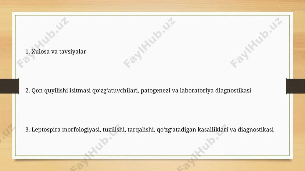 ntitel paydo boʻlishidan oldin ham, diagnostika qoʻyish imkonini beradi. leptospira antijeni aniqlash uchun mat (mikroskopik aglutinatsiya testi) yuqori sezuvchanlikka ega boʻlib, kasallikning oʻtkir bosqichida 80% dan ortiq aniqlash imkoniyatini beradi. leptospira mikroskopik tekshiruvi leptospira mikroskopik tekshiruvida qorong'u maydon mikroskopiyasi 100x-400x kattalashtirishda yupqa, spiral shakldagi bakteriyalarni aniqlashga imkon beradi. gram-manfiy leptospira bakteriyalarining o'ziga xos harakatlanish uslubi – burma shaklidagi harakat – mikroskop ostida aniq kuzatiladi va tashxis qo'yishda yordam beradi. leptospira morfologiyasi leptospira hujayralari periplazma bo'shlig'iga ega bo'lib, unda flagella joylashgan va bu ularning harakatlanishiga yordam beradi. leptospira spiral shaklida boʻlib, uzunligi 6 dan 20 mikrometrgacha, qalinligi esa 0,1 dan 0,2 mikrometrgacha yetishi mumkin. leptospira qoʻzgʻatadigan kasalliklar leptospirozning 200 dan ortiq serovarlari mavjud boʻlib, ularning har biri turli xil klinik koʻrinishlarni keltirib chiqarishi mumkin, masalan, yengil shakldan ogʻir meningoensefalitgacha. leptospira infektsiyasi odatda terining mayda shikastlanishlari orqali organizmga kiradi va keyinchalik jigar, buyrak va boshqa organlarga tarqaladi, bu esa sariqlik, buyrak yetishmovchiligi …