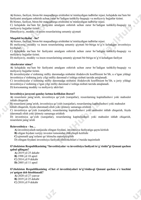lkchilik shakliga ko’ra qanday shakllarga ajratiladi? a) xususiy, xorijiy, davlat va aralash investitsiyalar b) bevosita va bilvosita c) davlat va aralash d) uzoq muddatli va qisqa muddatli “investitsiya” va “jamg’armalar” tushunchalari o’rtasidagi o’zaro bog’liqlik nimada? a) investitsiyalar – bu iste’mol va jamg’arma yig’indisi b) jamg’armalar - bu investitsiya manbasi c) bu ikki tushunchalar o’zaro bog’liq emas d) jamg’armalar investitsiyalarning bir shakli “investitsiyalar” va “kapital qo’yilmalar” tushunchalarining qanday bog’liqligi mavjud? a) kapital qo’yilmalar – bu investitsiyalarning bir turi b) investitsiyalar – bu kapital qo’yilmalarning tarkibiy qismi c) “investitsiyalar” va “kapital qo’yilmalar” tushunchalari bir xil ma’noga ega d) “investitsiyalar” va “kapital qo’yilmalar” tushunchalari o’zaro bog’liq emas real investitsiya ob’ektlarini ko’rsating? a) korxonaning moliyaviy va nomoddiy aktivlari b) korxonaning moliyaviy aktivlari c) korxonaning moddiy va moliyaviy aktivlari d) korxonaning moddiy va nomoddiy aktivlari real investitsiyaning o’ziga xosligi – bu ... a) to’lovlilik, qaytarilishlilik, muddatlilik va ta’minlanganlik b) investitsiyalarning risk darajasini va daromadliligining yuqoriligi …