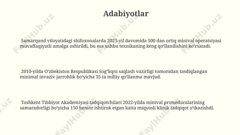 antibiotik profilaktikasi, steril sharoitlar va to'g'ri jarrohlik texnikasining qo'llanilishi bu xavfni sezilarli darajada kamaytiradi. minival protsedurasining davomiyligi minival protsedurasining davomiyligi, asosan, jarrohlik maydonining kattaligiga bogʻliq boʻlib, kichik maydonlarda 20-30 minut, murakkab hollarda esa 75-90 minutgacha davom etishi mumkin. minival protsedurasining davomiyligi odatda 30 dan 60 minutgacha davom etadi, ammo bemorning holati va jarrohning tajribasiga qarab 15 minutgacha qisqarishi yoki 90 minutgacha choʻzilishi mumkin. toshkentdagi yirik klinikalarda oʻtkazilgan 100 dan ortiq minival protseduralarining oʻrtacha davomiyligi 45 minutni tashkil etdi, bu esa ushbu texnikaning samaradorligini va tezkorligini koʻrsatadi. bemorlarni kuzatish agar bemorda qon ketish yoki yuqumli asoratlar belgilari (masalan, 38°c dan yuqori harorat) kuzatilsa, toshkent shahridagi ixtisoslashgan klinikaga murojaat qilish zarur. bemorning qon bosimi, nafas olish tezligi va pulsini har 15 daqiqada 2 soat davomida, keyin esa har 30 daqiqada samarqand viloyati shifoxonasida kuzatish kerak. minival protsedurasidan keyin bemorning og'riq darajasini 0-10 ball shkalasi bo'yicha baholash va og'riq qoldiruvchi vositalarni 3 soat …