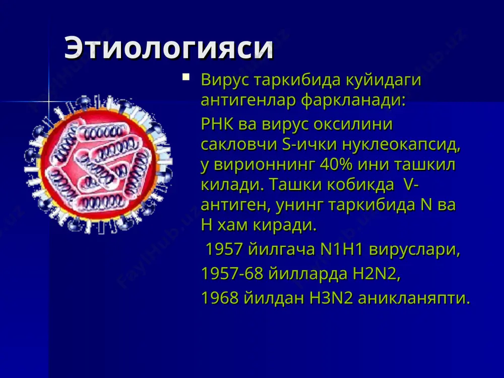 адан вич-билан зарарланган беморлар ва иммунодепрессантлар кабул килаётган шахслар узок муддат ацетилсалицил кислотаси (аспирин) билан даволанаётган болалар ва усмирлар (6 ойдан 18 ёшгача), чунки бунда рея синдроми ривожланиш хавфи купрок булади. гриппга карши хар йили максадга мувофик вакцинация утказиш тавсия этиладиган шахслар грипп вирусини юкиши юкори гурухига кирадиган шахсларга юктириш ихтимоли катта булган шахслар врачлар, хамширалар ва стационарлар, амбулатор медицина ташкилотлари ходимлари. тиббий муассасаларга тез тез мурожат килиб турадиган ахоли юкори юкиш гурухига кирувчи одамларга ёрдам берадиган тиббий ва бошка ходимлар юкори юкиш гурухига кирувчи одамлар оила аъзоларига гриппга карши хар йили максадга мувофик вакцинация утказиш тавсия этиладиган шахслар гриппнинг специфик профилактикаси альфа-интерферон (лейкоцитар ёки рекомбинант). бурунга 3-5 томчи кунига 2-3 марта 12 ёшдан юкори болаларда грипп профилактикаси учун ремантадин 25 мг кунига 1 марта ёки арбидол 100 мг кунига 1 марта 10-14 кун. куп касал буладиган болаларда гриппга карши иммуноглобулин 0,1-0,2 мл/кг м/о кулланилади. аденовирус инфекцияси касаллик манбаи - …