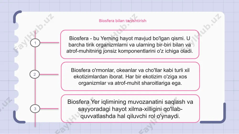 biosferadagi rolini tushunish ekotizimlarning nozik muvozanatini saqlash uchun juda muhimdir. o'rmonlarni kesish, ifloslanish va resurslarni haddan tashqari iste'mol qilish kabi inson faoliyati atrof-muhitga va boshqa turlarga zararli ta'sir ko'rsatadi. biroq, odamlar barqaror amaliyotlar, tabiatni muhofaza qilish harakatlari va resurslardan mas'uliyatli foydalanish orqali biosferaga ijobiy hissa qo'shish imkoniyatiga ega. inson faoliyatining ekologik ta'siri inson faoliyati biosferaga katta ekologik ta'sir ko'rsatadi. bu ta'sirlar o'rmonlarni kesish, ifloslanish, yashash joylarini yo'q qilish va iqlim o'zgarishini o'z ichiga oladi. bu faoliyatlar biologik xilma-xillikning yo'qolishiga va ekotizimlarning buzilishiga olib keldi. 1 2 3 biosferani saqlash bo'yicha barqaror amaliyotlar biosfera - bu yerdagi barcha hayotni qo'llab-quvvatlovchi ekotizimlarning nozik muvozanatidir. uning saqlanishini ta'minlash bizning mas'uliyatimizdir. qayta tiklanadigan energiya manbalaridan foydalanish va chiqindilarni kamaytirish kabi barqaror amaliyotlar biosfera va uning biologik xilma-xilligini himoya qilishga yordam beradi. biosferaning ahamiyati haqida xabardorlik va ta'limni targ'ib qilish orqali biz barqaror amaliyotlarni rag'batlantirishimiz va barcha uchun yaxshi kelajakni ta'minlashimiz mumkin. ekotizim xizmatlari va …