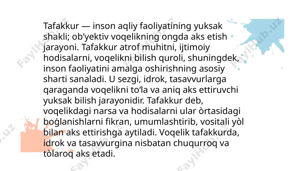 hukmlar umumiy juz'iy va yakka hukmlar boladi. umumiy hukmlarda mazkur guruhdagi mazkur sinfdagi hukmlar, hamma narsalar tog`risida tasdiqlanadi yoki inkor qilinadi. xulosa chiqarish bitta yoki bir necha hukmlardan yangi hukm hosil qilishdir 3 xil xulosa chiqarish mavjud: 1. induktiv xulosa chiqarish (yakka xulosa). 2. deduktiv xulosa chiqarish (umumiy xulosa). 3. analogik xulosa chiqarish (taxminiy xulosa). e'tiboringiz uchun raxmat!!!xòjaqulova farangiz image1.jpeg image2.png image3.png