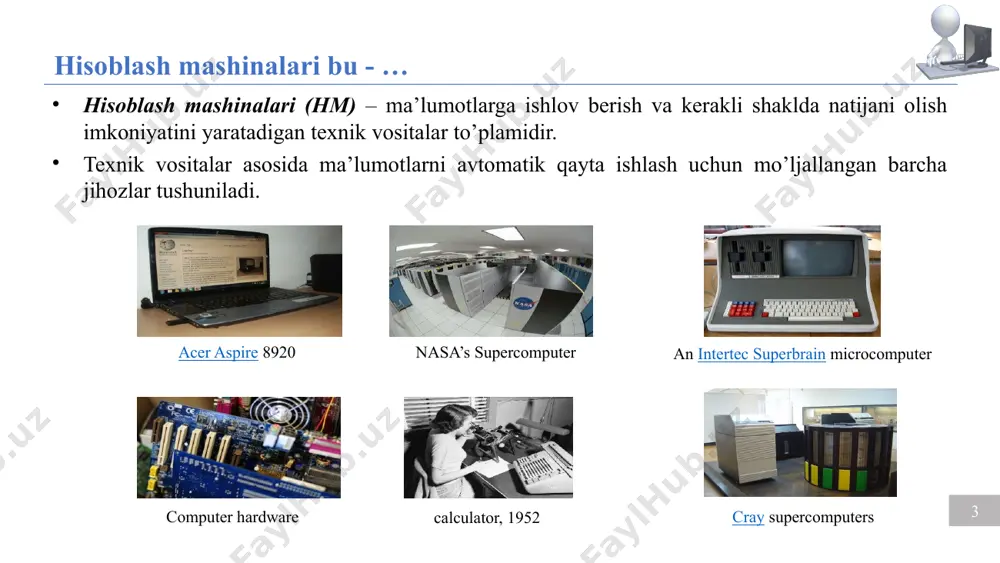 o‘zida ma'lumotlarni o‘qiy olmaydi / yoza olmaydi va ko‘rsatmalarga kira olmaydi. cpu istalgan vaqtda ma'lumotlarni osongina o‘qiy oladi/yozadi, shuningdek ko‘rsatmalarga kirishi mumkin. von neumann arxitekturasini amalga oshirish tezligi nisbatan sekinroq. buning sababi shundaki, u bir vaqtning o‘zida ko‘rsatmalar va ma'lumotlarni olishga qodir emas. garvard arxitekturasini bajarishning umumiy tezligi nisbatan tezroq. buning sababi, protsessor, bu holda, bir vaqtning o‘zida ikkala ko‘rsatmalar va ma'lumotlarni olishga qodir fon-neyman va garvard arxitekturasi: o‘zaro farqi samardorlik (ghz) kompyuterning asosiy ko‘rsatkichi kompyuterning asosiy funksional ko‘rsatgichlariga quyidagilar kiradi: kompyuterning funksional ko‘rsatgichlari 1 tizimli plataning umumdorligi; mikroprotsessorning va interfeysning kod shinalari; 3 tizimli, mahalliy va tashqi interfeyslarning turlari; 2 cd va dvd jamlovchilarning sig‘imi va turi; 4 operativ xotiraning sig‘imi; 5 kesh xotiraning mavjudligi, sig‘imi va turi; 6 qattiq diskli jamlovchining sig‘imi va turi; 7 tezligi, takt chastotasi va mikroprotsessorning takt chastotasi; kompyuterning funksional ko‘rsatgichlari (davomi)… 8 videomonitor va video adapter turi; printerning mavjudligi va turi; 10 modemning …
