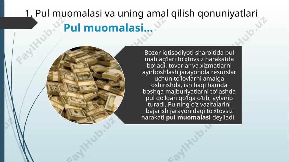 qsadli zayom obligatsiyalari + davlat zayom obligatsiyalari + xazina majburiyatlari. likvidlik … bu turli aktivlarning o‘z qiymatini yo‘qotmasdan (ya’ni eng kam xarajatlar asosida) tezlik bilan naqd pulga aylana olish qobiliyatidir. metall (tanga) va qog‘oz pullar eng yuqori likvidlikka ega bo‘ladi. naqd pullar rivojlangan bozor iqtisodiyoti mamlakatlarida umumiy pul massasining 9-10 foizini, bozor iqtisodiyotiga o‘tayotgan mustaqil hamdo‘stlik davlatlarida 35–40 foizni tashkil qiladi. inflyasiya, uning mohiyati va turlari ,,, «inflyasiya» atamasi (lotincha inflation – shishmoq, kengaymoq) ilk bora shimoliy amerikada 1861-1865 yillardagi fuqarolar urushi davrida qo‘llanilib, muomalada qog‘oz pullarning haddan ortiq ko‘payib ketishini ifodalagan edi. inflyasiya – bu pul massasining tovar aylanmasi ehtiyojlariga nisbatan ortib ketishi natijasida pul birligining qadrsizlanishi va shunga mos ravishda tovar narxlarining o‘sishidir. inflyasiya – bu iqtisodiy tizimda narx o‘sishining barqaror tendensiyasi orqali ifodalanuvchi makroiqtisodiy hodisa inflyasiya belgilari… - muomalada mavjud bo‘lgan naqd yoki naqd bo‘lmagan qog‘oz pul hajmining tovarlarning real taklifiga nisbatan haddan tashqari ko‘payib ketishi; - …