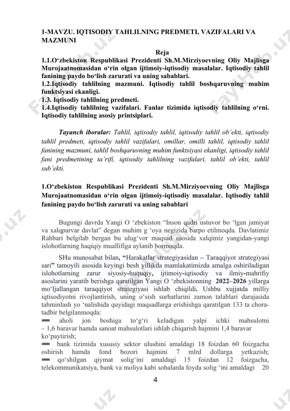 azifalarni amalga oshirish talab etiladi. birinchidan, biz makroiqtisodiy barqarorlikni va yuqori iqtisodiy o‘sish surhatlarini tahminlashimiz shart. ikkinchidan, iqtisodiyotimiz rivojining muhim sharti bo‘lgan faol investitsiya siyosatini izchil davom ettiramiz. uchinchidan, bank va moliya tizimida islohotlarni jadal davom ettirish, sohaga zamonaviy bozor mexanizmlarini kengjoriy etish zarur. to‘rtinchidan, fuqarolarimiz soliqdan qochish emas, uni vaqtida to‘lashdan manfaatdor bo‘lishi kerak. beshinchidan, tadbirkorlik faoliyatini qo‘llab-quvvatlash bo‘yicha ishlar jadal davom ettiriladi. buyuk alloma najmiddin kubro hazratlari “muvaffaqiyatni – sahy-harakatda, muvaffaqiyatsizlikni esa – loqaydlik va dangasalikda ko‘rdim”, deb bejiz aytmaganlar. oltinchidan, iqtisodiyotni boshqarishda davlat aralashuvini keskin kamaytirish lozim. yettinchidan, biz erkin bozor tamoyillarini o‘rnatmoqchi ekanmiz, iqtisodiyotning yetakchi tarmoqlarini isloh qilish va rivojlantirish orqali sog’lom raqobat muhitiniyaratishimiz shart. sakkizinchidan, iqtisodiyotimizni jahon bozoriga integratsiya qilish va eksportni qo‘llab-quvvatlash ustuvor vazifadir. to‘qqizinchidan, hududlarni kompleks rivojlantirish tadbirlarini izchil davom ettirish lozim. o‘ninchidan, qishloq xo‘jaligi sohasini boshqarish tizimini isloh qilish, yer va suv resurslaridan oqilona foydalanish borasidagi ilg’or texnologiyalarni joriy etish, oziq-ovqat xavfsizligini …