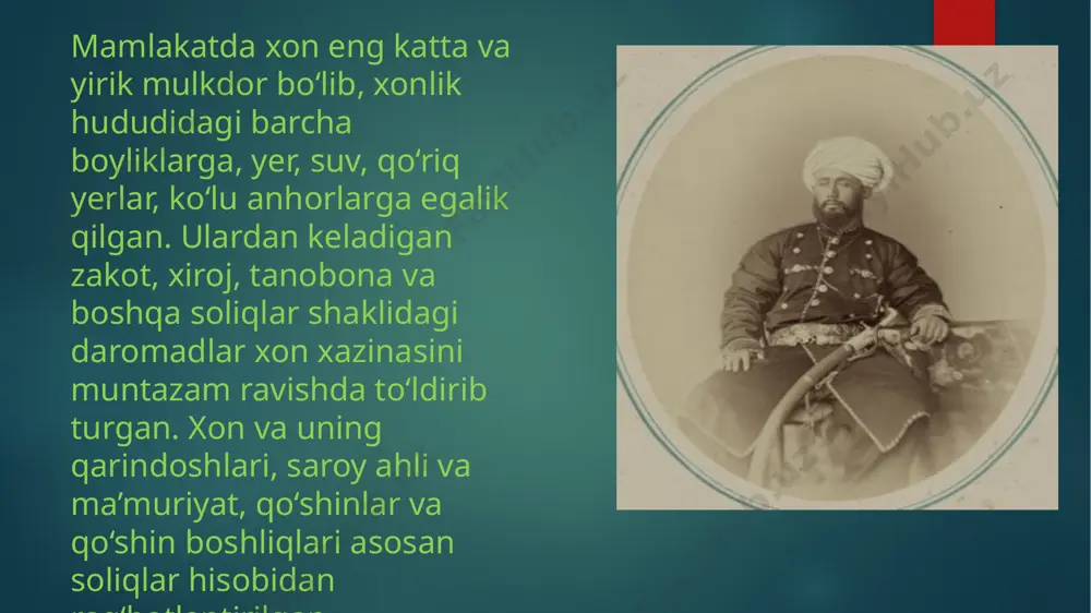 adigan shaxs. chopquchi – pichoq yasovchi, xon saroyidagilar uchun qurollar (pichoq, xanjar qilich) yasab, qo‘rchi vazifasini ham bajargan. shotir – xon rikobi oldida yuradigan hizmatchi, odamlarni xon kelishidan xabardor etib, ularni ta’zimga chorlab turgan. udaychi - xon rikobi oldida yurib, uning sha’niga baland ovoz bilan maqtovli so‘zlar va hamdu sanolar aytib boruvchi hizmatchi. yuqoridagi amal va mansab egalari o‘z hizmatlari evaziga yillik maosh (pul, ot, qo‘y, g‘alla ko‘rinishida) olganlar. bundan tashqari, ularga tegishli yer-mulklar ham berilgan. foydalanilgan adabiyotlar: azamat ziyo o`zbek davlatchiligi tarixi: eng qadimgi davrdan rossiya bosqiniga qadar. t.2000 axmadjonov rossiya imperiyasi markaziy osiyoda. t., 2003 sagdullayev a.s. qadimgi o‘rta osiyo tarixi. t., 2004. shodmon vohid. qo’qon xonligidagi unvon va mansablar image6.jpeg image7.jpeg image8.jpeg image9.png image10.jpeg image1.png image2.png image3.png image4.png