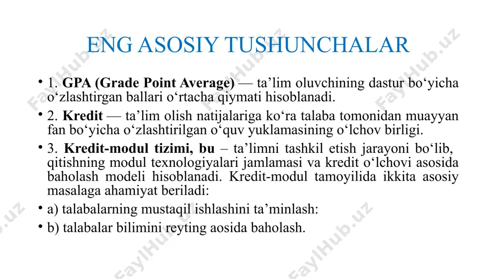 dit miqdori 1 kredit summasi 1 kunduzgi ta’lim shakli 240 16000000 4 yil 60 267000 2 sirtqi ta’lim shakli 240 12000000 5 yil 48 250000 hemis higher education management information system oliy ta’lim jarayonlarini boshqarish axborot tizimi ushbu axborot tizimi: 1. ma’muriy boshqaruv; 2. o‘quv jarayoni; 3. ilmiy faoliyat; 4. moliyaviy boshqaruv. axborot tizimlarini o’z ichiga oladi. modul mustaqil ta’lim platformasi platformaga “moodle” ilovasi orqali, har bir talabaning shahsiy login paroli yordamida kiriladi. “moodle” ilovasini “play market” yoki “appstor” dan yuklab olinadi. image1.jpg image2.jpg image3.jpg /docprops/thumbnail.jpeg