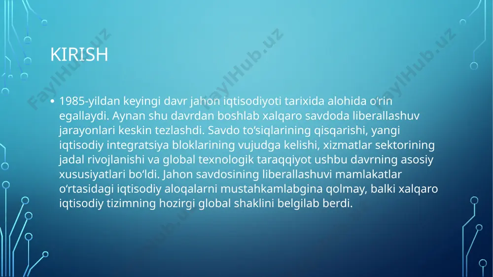 koniyatlar bilan birga ayrim to‘siqlarni ham yuzaga keltirmoqda. kelajakda xalqaro savdoning barqaror rivoji uchun davlatlar hamkorlikda adolatli va muvozanatli savdo tizimini shakllantirishlari zarur. foydalanilgan adabiyotlar krugman, p., obstfeld, m., & melitz, m. international economics: theory and policy. – pearson, 2018. bhagwati, j. in defense of globalization. – oxford university press, 2007. stiglitz, j. e. globalization and its discontents. – w.w. norton & company, 2002. hoekman, b. m., & kostecki, m. m. the political economy of the world trading system: wto and beyond. – oxford university press, 2009. world trade organization (wto). annual reports and world trade reports (1985–2024). – geneva: wto publications. rodrik, d. the globalization paradox: democracy and the future of the world economy. – w.w. norton, 2011. o‘zbekiston respublikasi prezidentining xalqaro savdo va integratsiya siyosati bo‘yicha qarorlari (1991–2024). халиқова, д. xalqaro iqtisodiyot va tashqi iqtisodiy aloqalar. – toshkent: universitet, 2019. мухаммадиев, и. jahon iqtisodiyoti va xalqaro savdo siyosati. …