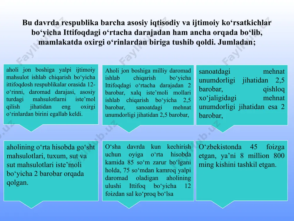 ng, umumittifoq mehnat taqsimotida o‘zbekistonning mavqei va o‘rnini o‘zgartirishning muqobil yo‘llari e’tiborga olinmagani. respublikaga asosan xomashyo bazasi, sobiq markazdagi sanoat vazirliklari va idoralarining mo‘may xomashyo manbai sifatida qarab kelinishi; o‘lkaning mahalliy, ijtimoiy-iqtisodiy xususiyatlariga ba’zan etarlicha, ba’zan mutlaqo baho berilmagani, ba’zan esa bu xususiyatlarning pisand ham qilinmagani; ma’muriy-buyruqbozlik iqtisodiyotidan hozirgi zamon bozor iqtisodiyotiga o‘tishning zarurligi iqtisodiy o‘sish ekstensiv omillaridan foydalanish imkoniyatlarining tugab borishi bilan notovar iqtisodiyotning amal qilish layoqatining pasayishi orqali ifodalanadi. ma’muriy-buyruqbozlik tizimi ikkita ahamiyatli kamchilikka ega: uning moslashuvchan emasligi, ro‘y berayotgan o‘zgarishlarga juda sekinlik bilan moslashib borishi; xo‘jalik yuritish tashabbuskorligini «yo‘qotib yuborish» oqibatida samaradorlikning o‘ta darajada pasayib ketganligi. ma’muriy-buyruqbozlik iqtisodiyotidan bozor iqtisodiyotiga o‘tish ko‘plab mamlakatlarda umumiy tendensiyaga ega. bu jarayon iqtisodiyotni erkinlashtirish, chuqur institutsional (eng avvalo, mulkchilik munosabatlarida) o‘zgarishlarni o‘z ichiga oladi, biroq, bir vaqtning o‘zida moliyaviy barqarorlashtirish chora-tadbirlarini amalga oshirilishini taqozo etadi. ma’muriy-buyruqbozlik tizimini o‘zgartirish mazkur tizim asosining o‘zgarishini hamda uni sifat jihatidan farq qiluvchi bozor tizimiga almashtirilishini …
