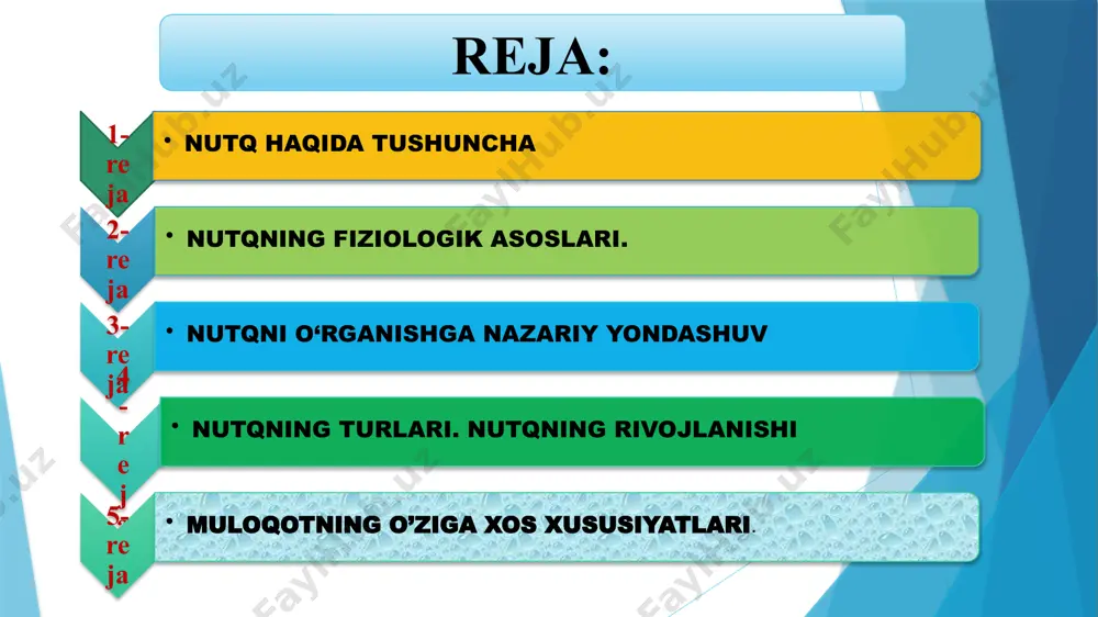 n bo‘lsa xam, lekin ularning ikkovi bitta narsa emas. til ijtimoiy xodisadir. til ayrim kishida mustaqil ravishda mavjuddir.tilning ijodkori esa xalqning o‘zidir, tarixan tarkib topgan millatning o‘zidir. nutq esa til vositasida qilinadigan aloqa nutq rivojlanishi davrlari. 1-davr 2 oydan 11 oygacha. 2-davr 11 oydan 19 оygacha. 3-davr 19 oydan 3 yoshgacha. nutq rivojlanishi quyidagi xususiyatlarga ega: a) gugulash. b) gʻudurlanish (soxta soʻzlar). v) paradigmatik fonetika (1,3- 1,5 yoshgacha) – buvi, buva, oʻtir, oʻtirdi, oʻtiradi. g) nutqning vaziyatbopligi (j.piaje – situativ nutq). d) nutq egotsentrizmi (j.piaje – egotsentrik nutq). nutqning anatomik tasviri: koʻkrak qafasi. oʻpka. traxeya. ovoz paychalari (aloqalari). tomoq trubkasi. halqum boʻshligʻi. tanglay pardasi. ogʻiz boʻshligʻi. burun boʻshligʻi. eshitish markazi so‘z chakkaning orqa bo‘limida joylashgan. miya-ning bu uchastkasi eshitilgan so‘zlarni idrok qiladi, boshqalarning nutqini tushunish va o‘zlashtirishni vujudga keltiradi, bu markaz buzilib qolga-nida nutq chuvalab ketadi, buni sensorli afaziya deb ataladi. bunday kasalga duchor bo‘lgan kishi o‘zgalarning nutqini tushunmaydi: tovush …