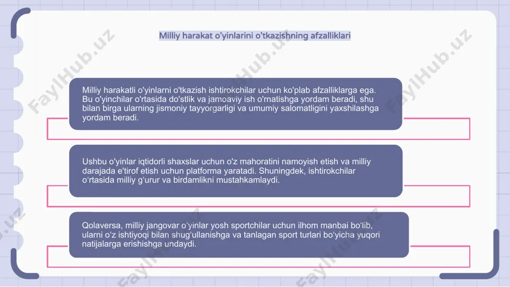 o'z mamlakatini namoyish etish uchun platforma yaratadi. o‘yinlar milliy g‘urur va birdamlik tuyg‘ularini tarbiyalab, xalqda mavjud bo‘lgan xilma-xil iste’dod va salohiyatni namoyon etadi. milliy harakatli o‘yinlarda qatnashish millatga daxldorlik va o‘ziga xoslik hissini uyg‘otadi. o‘yinlar fuqarolarga ularning umumiy qadriyatlari va intilishlarini eslatadi, milliy birlik tuyg‘usini tarbiyalaydi va o‘z mamlakati bilan faxrlanadi. milliy harakat o'yinlarining istiqbollari milliy harakatli o'yinlarni o'tkazish stsenariysi bir qancha istiqbolli istiqbolli. ushbu jangovar o‘yinlar mamlakatimizning barcha hududlaridan kelgan sportchilarni birlashtirib, ularning mahorat va iste’dodini namoyon etmoqda. bu o‘yinlar ishtirokchilar o‘rtasida nafaqat sport mahorati va do‘stona munosabatini rivojlantirish, balki yosh iste’dodlarni kashf etish va tarbiyalashga ham xizmat qiladi. ular sportchilarga milliy miqyosda o'z salohiyatlarini namoyish etishlari uchun platforma yaratadilar. mashhurlik va e'tirof ortib borayotgan milliy jangovar o'yinlar nafaqat sport ishqibozlari, balki homiylar va investorlarning ham e'tiborini tortadigan yirik sport tadbirlariga aylanish potentsialiga ega. e'tiboringiz uchun rahmat