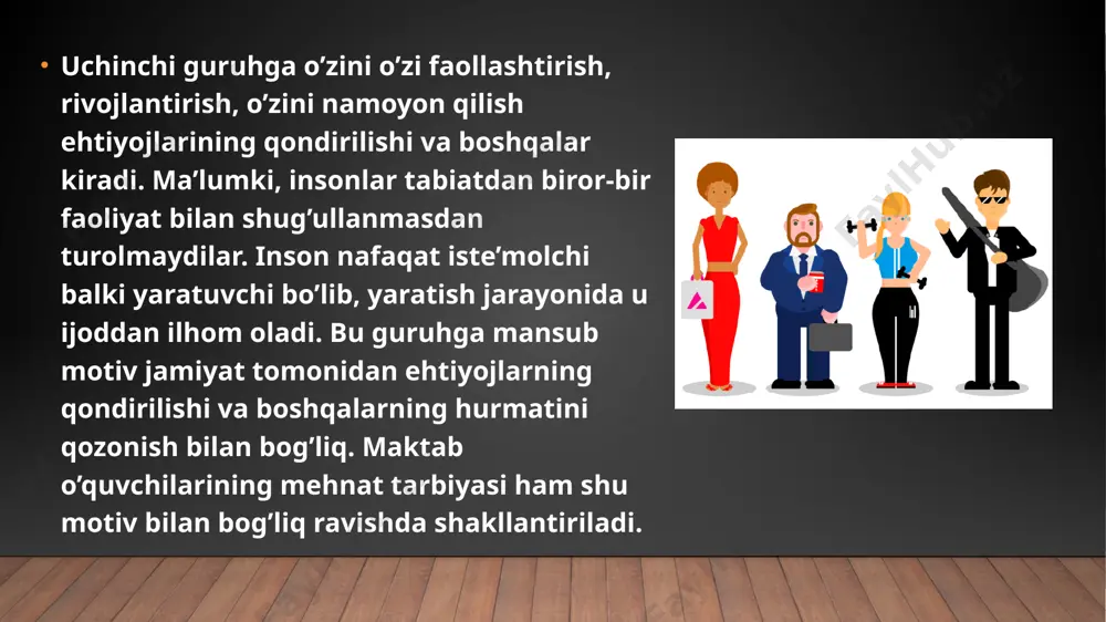 namoyon bo’ladi; 1. o’z ijtimoiy olamini boshqarish; 2. boshqalar xulqiga ta’sir o’tkazish va o’z maslaxatlari bilan yo’lga solish, buyurish, o’z so’ziga ishontirish; 3. o’z e’tikodiga yo’naltirish. v.a.kruteskiy o’spirinlarda uchrash mumkin bo’lgan motivlardan quyidagilarni alohida ta’kidlab o’tadi: - biror o’quv faniga nisbatan o’spirinning qiziqishi; - vatanga foyda keltirish istagi; - shaxsiy kobiliyatini ro’kach qilib ko’rsatish; - oilaviy an’analariga rioya qilishi; - do’stlari va o’rtoqlaridan o’rnak olganligi; - ish joyining va o’quv yurtining uyga yaqinligi; - moddiy ta’minlanganlik; - o’quv yurti ko’rinishining chiroyliligi yoki unga joylashishining osonligi singari motivlardir. yuqoridagi fikrlardan ko’rinadiki, ilk o’spirinlik davrida kasbiy motivlarning shakllanishi bir qator tashqi va ichki omillarga bog’liq. shuningdek, kasb tanlashga bo’lgan intilish ishtiyoqlar negizida kasbiy motiv va motivasiya shakllanadi. aynan xorij psixologlari kasbiy motivlar tarkibini ishlab chiqishda kasb tanlashgacha bo’lgan va kasb tanlab bo’lgandan keyingi jihatlarini ko’rsatib o’tadilar. e’tiboringiz uchun rahmat ! image3.gif image4.jpeg image5.gif image6.gif image7.gif image8.gif image9.gif image10.gif image11.gif image12.gif image13.png image14.jpeg …