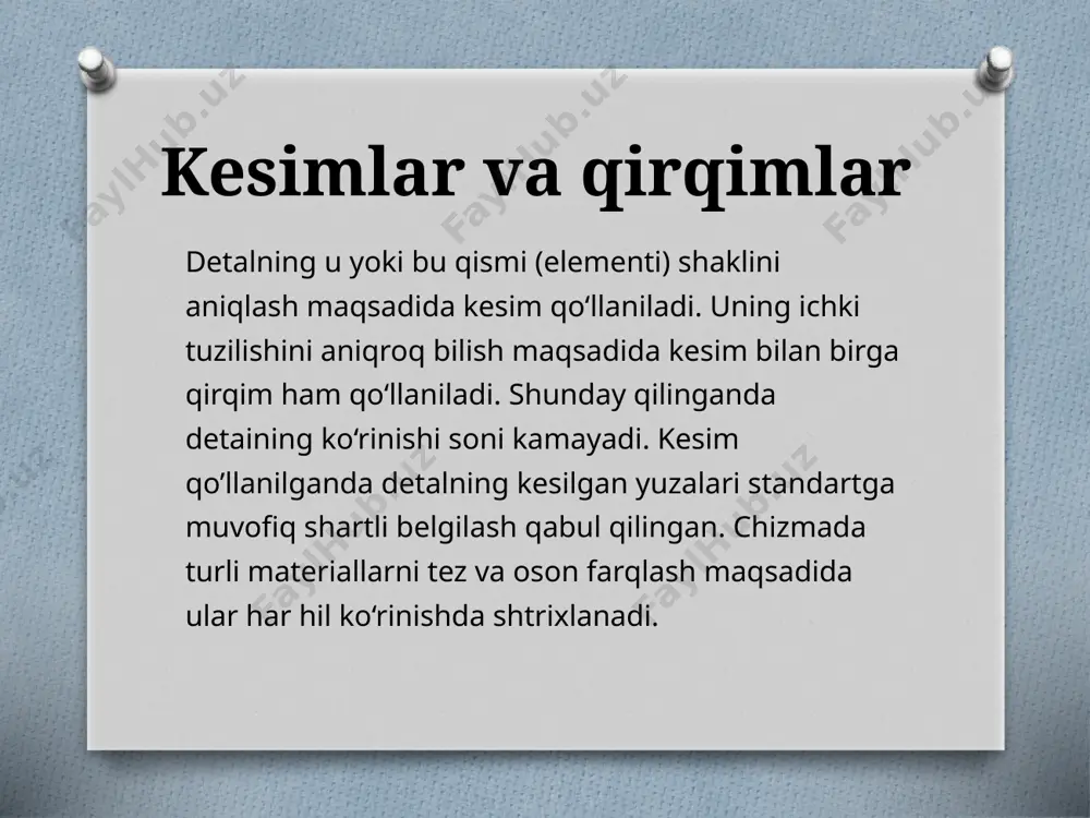 i chizmada ko‘rsatilmaydi (2.3.9 - chizma, c). detaining qismidagi teshikni qirqib ko‘rsatish joiz boisa, kesuvchi tekislik izi uzuq chiziqlar bilan ko‘rsatiladi va qirqim a-a kabi belgilanadi (2.3.10-chizma ) kesuvchi tekislik izi uzuq chiziqlarni tasvirlash 2.3.11-chizmada berilgan, a harflar yo'nalishlarining detal konturiga nisbatan tashqi tomonlariga yoziladi. kesuvchi tekisliklarning proyeksiyalari tekisliklariga nisbatan egallagan vaziyatiga qarab qirqimlar uch xil: frontal, gorizontal va profil bo'ladi. bulardan tashqari, qo'shmcha tekisliklarda qiya qirqimlar ham bajariladi. ayrim hollarda mahalliy qirqimlar qo‘laniladi. diqqatingiz uchun raxmat image5.jpeg image6.jpeg image7.jpeg image8.jpeg image9.jpeg image10.jpeg image11.jpeg image3.jpeg image4.png /docprops/thumbnail.jpeg