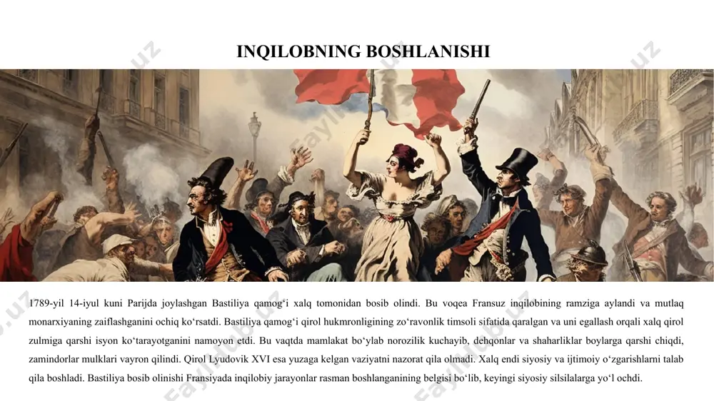 aqaviy ijtimoiy tizim bekor qilindi. inqilob xalq uchun teng huquqli jamiyat qurish yo‘lida muhim qadam bo‘ldi. har bir fuqaro qonun oldida teng deb e’tirof etildi, shaxsiy erkinliklar va mulk huquqi qonuniy jihatdan kafolatlandi. ijtimoiy adolat va tenglik g‘oyalari keng tarqaldi, milliy fuqarolik tuyg‘usi shakllandi. eng muhim natijalardan biri — monarxiya tugatilib, fransiyada respublika tuzumi o‘rnatildi. bu respublika garchi barqaror bo‘lmagan bo‘lsa-da, butun yevropa uchun yangi siyosiy yo‘nalishning boshlanishi bo‘ldi. fransuz inqilobi natijalari nafaqat fransiyada, balki boshqa davlatlarda ham ijtimoiy va siyosiy islohotlarga turtki berdi. fransuz inqilobining jahon tarixiga ta’siri fransuz inqilobi butun jahon tarixida chuqur iz qoldirgan voqealardan biridir. inqilob jarayonida shakllangan asosiy g‘oyalar – ozodlik, tenglik va birodarlik – butun dunyodagi xalqlar ongida uyg‘onish jarayonini boshlab berdi. bu g‘oyalar yevropaning boshqa davlatlariga ham tarqalib, ko‘plab siyosiy harakatlar, islohotlar va qo‘zg‘olonlarga turtki bo‘ldi. feodalizmga asoslangan jamiyatlar inqilobiy g‘oyalardan ta’sirlanib, o‘z tuzilmalarini qayta ko‘rib chiqishga majbur bo‘ldilar. ayniqsa, inqilobdan keyingi yillarda …