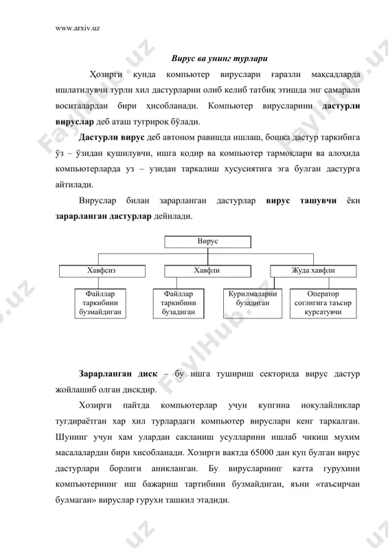 йди ёки хато ишлай бошлайди; • бажарилувчи файлнинг хажми ва унинг яратилган вакти узгаради; • экранда англаб булмайдиган белгилар, турли хил тасвир ва товушлар пайдо булади; • компьютернинг ишлаши секинлашади ва тезкор хотирадаги буш жой хажми камаяди; • диск ёки дискдаги бир неча файллар зарарланади (баъзи холларда диск ва файлларни тиклаб булмайди): • винчестер оркали компьютернинг ишга тушиши йуколади. вируслар асосан дискларнинг юкланувчи секторларини ва ехе, сом, sys ва bat кенгайтмали файлларни зарарлайди. хозирги кунда булар каторига офис дастурлари яратадиган файларни хам киритиш мумкин. оддий матнли файлларни зарарлайдиган вируслар камдан – кам учрайди. файллар таркибини бузмайдиган вируслар тезкор хотира курилмасида купаювчи операторни таъсирлантирувчи тармок вируслари операторни таъсирлантирувчи курилмаларни ишдан чикарувчи терминалда хабар чикарувчи товушли эффектларни хосил килувчи иш тартибини узгартирувчи - процессор - клавиатура - хотира - матнли - оханг - мд, винчестер - дисплей - принтер - графикли - нутк синтези - порт ps-232 принтер дисплей - махсус эффектлар …