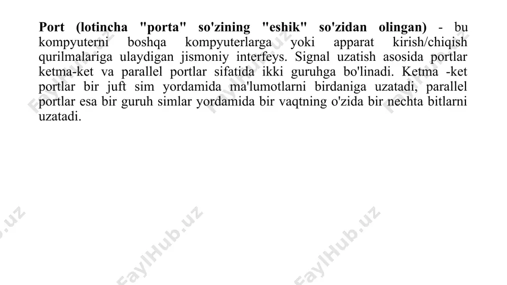 ladi. shu sababli parallel portlar ketma-ket portlarga qaraganda tezroq. parallel portlar uchun dasturlarni yozish ketma-ket portlarga qaraganda osonroq. ammo parallel portlarga ma'lumotlarni uzatish uchun ko'proq chiziqlar kerak. parallel portlar uzoq masofali aloqa uchun mos emas, chunki narx va ma'lumotlar yo'qotiladi. ichki va tashqi interfeys.har qanday qurilmaning interfeysi bajaradigan vazifalariga qarab tashqi va ichki bo'linadi. ichki interfeys, foydalanuvchi to'g'ridan-to'g'ri kirish huquqiga ega bo'lmagan, yashirilgan narsalarni anglatadi. uning xususiyatlari xususiy deb nomlanadi. tashqi interfeys foydalanuvchi to'g'ridan-to'g'ri aloqa qiladigan va uning yordamida qurilmani boshqaradigan narsaga ishora qiladi. ularning xususiyatlari ommaviy deyiladi. ushbu ikki turdagi interfeys har doim bitta qurilmaga kiradi va uning ishlashini ta'minlaydi, ular alohida mavjud bo'lolmaydi. foydalanuvchi interfeysi va uning tarkibiy qismlari. foydalanuvchi interfeysi 2 qismga bo'linishi mumkin, uni qurilmaga ma'lumot kiritish uchun javobgar bo'lgan va foydalanuvchiga uning chiqishi uchun javobgar bo'lgan.agar biz oddiy uy kompyuteri haqida gapiradigan bo'lsak, unda birinchi toifada biz kompyuterda ishlaydigan barcha narsalarni o'z ichiga olamiz. eng …