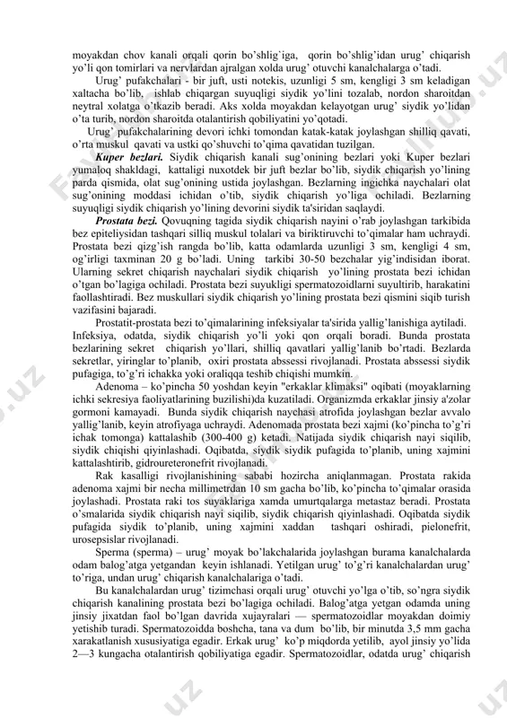 urug' tizimchasi sifatida chov kanali orqali qorin bo'shlig'iga o'tadi. bu yerda urug' chiqarish yo'li qon tomirlardan ajralib, chanoq bo'shlig'ining yon devori tomon yo'naladi va qovuq tagiga yetganda kengayib, urug’ pufakchasi nayi bilan qo’shiladi va urug’ otuvchi yo’lni xosil qiladi. urug’ otuvchi yo’l prostata bezi orasidan o’tib, siydik chiqarish kanalining shu qismiga ochiladi. urug’ chiqarish yo’lining uzunligi 40-45 sm, devori - ichki shilliq qavati, o’rtasidagi muskul qavati va tashqi qo’shuvchi to’qima qavatidan tuzilgan. urug’ tizimchasi (funiculus spermaticus) urug’ chiqarish yo’li va moyakni oziqlantiruvchi arteriyasi qon tomirlar va ulardan ketuvchi vena tomirlari, limfa tomirlari hamda nervlarni birga ichki urug’ fassiyasi o’rashidan vujudga keladi. urug’ tizimchasi moyakdan chov kanali orqali qorin bo’shlig`iga, qorin bo’shlig’idan urug’ chiqarish yo’li qon tomirlari va nervlardan ajralgan xolda urug’ otuvchi kanalchalarga o’tadi. urug’ pufakchalari - bir juft, usti notekis, uzunligi 5 sm, kengligi 3 sm keladigan xaltacha bo’lib, ishlab chiqargan suyuqligi siydik yo’lini tozalab, nordon sharoitdan neytral xolatga …