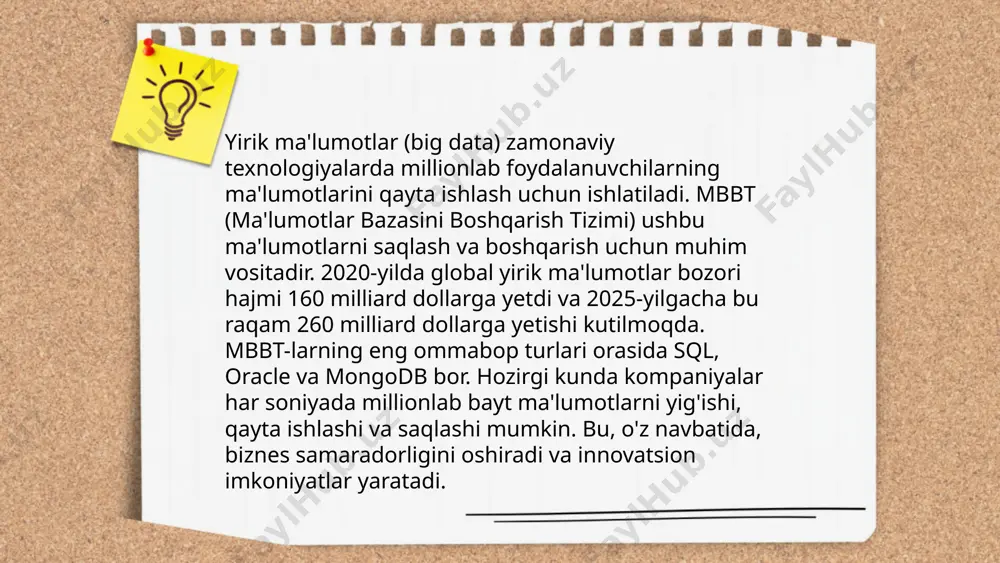 million dollarni tashkil etdi. telekommunikatsiya va axborot texnologiyalari sohasidagi eng yirik kompaniyalar o'z xodimlarining 30% ini bulutli infratuzilmalarni boshqarish bo'yicha malakali mutaxassislarga aylantirishni rejalashtirmoqda. ... t.me/slaydai_bot kosmik ma'lumotlar va mbbt (ma'lumotlar bazasi boshqaruv tizimi) tahlili muhim rol o'ynaydi. 2023 yilgi statistikaga ko'ra, kosmik ma'lumotlar hajmi 463 eksabaytga yetdi. bular, asosan, sun'iy yo'ldoshlar orqali yig'iladi va turli tahlil jarayonlari uchun mbbt larda saqlanadi. sun'iy yo'ldoshlar har yili koinotdan 100 terabayt ma'lumot yig'adi. ma'lumotlar bazalari bu jarayonda ma'lumotlarni tuzatish, saqlash va tezkor tahlil qilish imkonini beradi. mbbt yordamida kosmik ma'lumotlar aniq va samarali tahlil qilinadi, bu esa ilmiy kashfiyotlarga yo'l ochadi. 2022 yilda kosmik ilm-fandagi ma'lumotlar bazalarining hajmi 25% o'sdi. ... t.me/slaydai_bot 13. transport va logistika sohasida mbbt transport va logistika sohasida mbbt (muhandislik baholash va baholash texnologiyalari) tizimlari murakkab jarayonlarni optimallashtirishga xizmat qiladi. bu tizimlar yuk tashish hajmi, vaqt, masofa va narxni hisoblashda qo'llaniladi. statistikaga ko'ra, mbbt qo'llanilishi logistikada 20-30% samaradorlik …