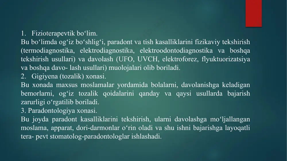 chun jihoz 45° burilish tirsagiga ega.xona ichki quvurlarni dezinfektsiya qilish uchun avtomatik tizim bilan tayyorlangan. xonada led chiroqlar panellar yuqori sifatli va yorqin yoritadi. 1-havo reduktor ventili, 2- elektromagnit ventil, 3-havo filtri, 4-yogʻ qoʻshish sistemasi, 5- distillangan suv, 6-suvni sovutish ventili, 7-havoni sovutish ventili, 8-suv uchun drosselli ventil, 9-turbinali nakonechniklar «sprayvit 2» ga texnik xizmat koʻrsatish tartibi xulosa barchamiz bilamiz uzoq yillardan buyon tibbiyot sohasini asosiy boʻgʻimi boʻlgan stomatologiya shu vaqtgacha rivojlanib kelgan va hozirda yangidan-yangi koʻrinishlari va koʻproq vazifalarni bajaruvchi turlari chiqmoqda. hozirgi zamon stomatologiya fani terapevtik, jarrohlik, ortopedik, bolalar sto- matologiyasi, ortodontiya va yuz-jagʻ jarrohligi kabi boʻlimlarni oʻz ichiga oladi. terapevtik stomatologiya tish (kariyes, pulpit, periodontit, nokariyes xastaliklar) hamda ogʻiz shilliq qavati, lab, til kasalliklari diagnostikasi, davosi va profilaktikasi bilan shugʻullanadi. jarrohlik stomatologiyasi tish olishdan tashqari yuz-jagʻ va unga qoʻshni sohalardagi yalligʻlanishlar, oʻsmalar, shikastlanishlar, tugʻma va orttirilgan nuqsonlarni oʻrganadi, ogʻiz boʻshligʻi va yuz-jagʻ operatsiyalari, plastik operatsiya- larni amalga …
