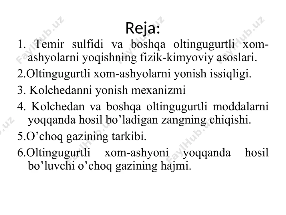 -ps(z)] = birlik ulushdа аgаrdа zаng fe3o4 hоlidа bo’lsа: x(fe3o4) = [ 148-ps(a )] / [ 148-rs(z) ] = birlik ulushdа o’chоq gаzining tаrkibi. pso2 + po2(ug.) + pn2 = 100% gа tеng bulmоg’i kеrаk pn2 = 100 - pso2 - po2(u.g.) = % (xаjmiy)dа pо2(u.g.) = rо2(d..g.) - m ·pso2 = % (xаjmiy) 100 (m-1)·rо2(d.g) m = [no2 (u.g.) ] / [ nso2 ] = 11/8 = 1,375 birlik ulushidа 4fes2 + 112 = 2fe2o3 + 8so2 + q pо2 (d.g.) -21%