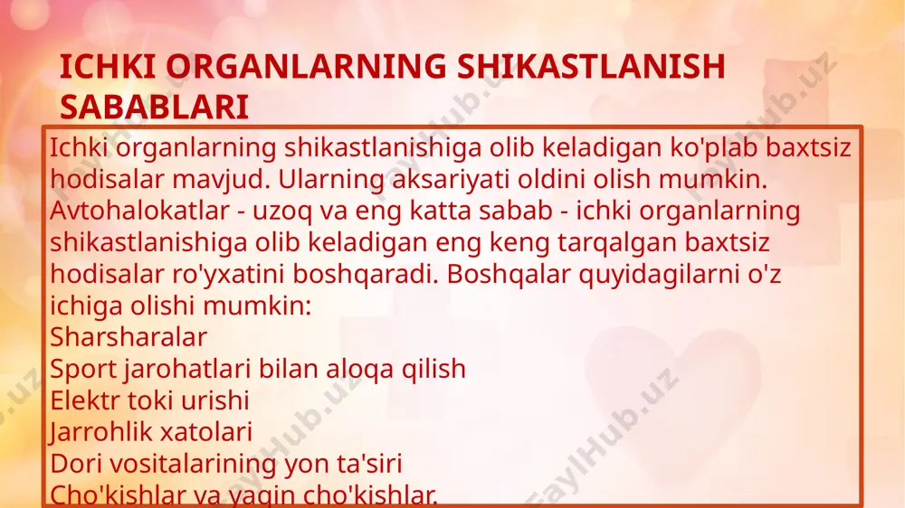 va teshadigan singan qovurg'alar natijasida paydo bo'lishi mumkin. yurak va o'pkaning singan suyaklari (va keyinchalik parchalanishi)siz chuqur ko'karishlar ham xuddi shunday xavfli bo'lishi mumkin. qorin bo'shlig'i shikastlanishlari baxtsiz hodisalar va jarrohlik xatolar oshqozon, taloq, ichaklar, buyraklar va jigar kabi muhim organlarga zarar etkazishi mumkin - bu faqat 50 dan ortiq hayotiy tana funktsiyalarida ishtirok etadi. teshilgan yoki yorilib ketgan ichak yoki ichak infektsiyalarga olib kelishi va sepsis deb ataladigan potentsial o'limga olib keladigan shikastlanishga olib kelishi mumkin , bu shokga olib kelishi mumkin, ba'zi tana funktsiyalarini to'liq yopib qo'yishi mumkin: shoshilinch hayotni saqlab qolish uchun jarrohlik amaliyotini talab qiladi; va mumkin bo'lgan uzaytirilgan tiklanish. ichki jarohatlarning belgilari jabrlangan jabrlanuvchining ichki jarohatlarini boshdan kechirayotgani haqida ko'plab ogohlantiruvchi belgilar mavjud. ro'yxat uzoq bo'lsa-da, eng keng tarqalgan alomatlardan ba'zilari quyidagilarni o'z ichiga olishi mumkin: qorin bo'shlig'ining shishishi yoki ta'sirlangan organ shikastlangan boshqa joylarda sezilarli shishish ta'sir qilingan organda yoki uning yonida rangsiz teri …