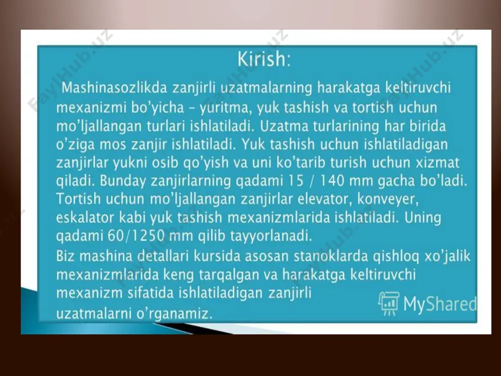 h va moylash uzatma zanjirlarini taranglash tasmali uzatmalarda tasmalarni taranglashga o‘xshash bo‘lib, uzatma tayanchlardan birining siljitish yoki taranglovchi rolik, yulduzcha hisobiga amalga oshiriladi. taranglovchi moslama zanjirning ikki zvenosi uzunligi qadar yeilishi hisobiga cho‘zilganda zanjirlarni tarangligini ta'minlash kerak. agarda cho‘zilish undan ortiq boisa, yeilgan zvenolar olib tashlanadi. zanjirlarni movlash. uzatma zanjirlarining ishlash muddatiga moylash katta ta’sir ko'rsatadi. uzatmaning tezligi v < 4 m /s gacha boiganda zanjirlar tomchilab moylanadi (4-10 tomchi/min). image1.jpeg image2.jpeg image3.jpeg image4.png image5.jpeg image6.png image7.jpeg image8.png /docprops/thumbnail.jpeg