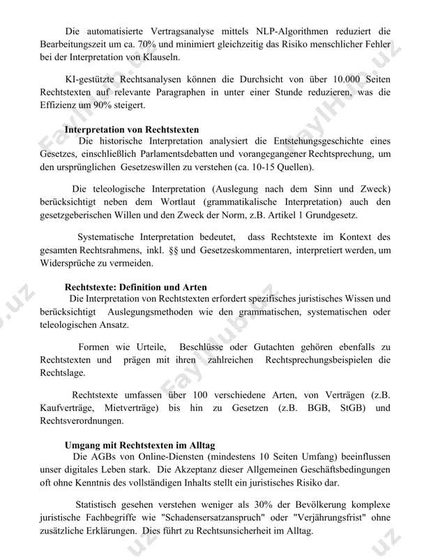 i-gestützte rechtsanalysen können die durchsicht von über 10.000 seiten rechtstexten auf relevante paragraphen in unter einer stunde reduzieren, was die effizienz um 90% steigert. interpretation von rechtstexten die historische interpretation analysiert die entstehungsgeschichte eines gesetzes, einschließlich parlamentsdebatten und vorangegangener rechtsprechung, um den ursprünglichen gesetzeswillen zu verstehen (ca. 10-15 quellen). die teleologische interpretation (auslegung nach dem sinn und zweck) berücksichtigt neben dem wortlaut (grammatikalische interpretation) auch den gesetzgeberischen willen und den zweck der norm, z.b. artikel 1 grundgesetz. systematische interpretation bedeutet, dass rechtstexte im kontext des gesamten rechtsrahmens, inkl. §§ und gesetzeskommentaren, interpretiert werden, um widersprüche zu vermeiden. rechtstexte: definition und arten die interpretation von rechtstexten erfordert spezifisches juristisches wissen und berücksichtigt auslegungsmethoden wie den grammatischen, systematischen oder teleologischen ansatz. formen wie urteile, beschlüsse oder gutachten gehören ebenfalls zu rechtstexten und prägen mit ihren zahlreichen rechtsprechungsbeispielen die rechtslage. rechtstexte umfassen über 100 verschiedene arten, von verträgen (z.b. kaufverträge, mietverträge) bis hin …