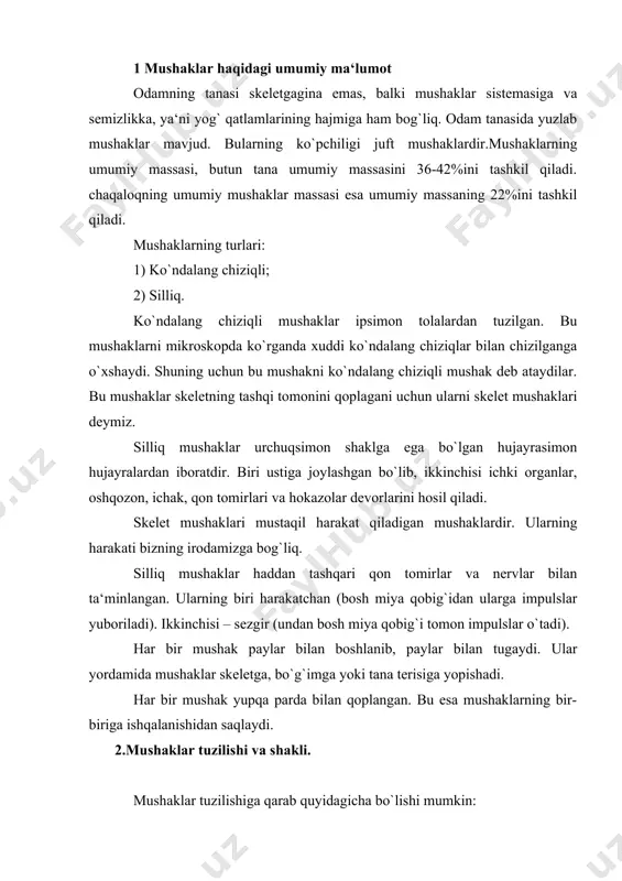 zida, og`zi va ko`z atrofida); 4) keng (tana oldi, orqasi). mushaklar qaerda joylashishiga qarab ham nomlanadi: bo`yin mushaklari, ko`krak, qorin, yelka mushaklari, tos mushaklari hamda oyoq-qo`llardagi mushaklar shakliga qarab quyidagilarga bo`linadi: 1) trapetsiyasimon; 2) deltasimon; 3) tishsimon va hokazo. mushaklar yo`nalishiga qarab to`g`ri, ko`ndalang, qiyalama, ikki boshli, uch boshli, to`rt boshli kabi turlarga bo`linadi: 1) egiluvchi; 2) to`g`ri holatga keltiruvchi; 3) keltiruvchi; 4) chetlatuvchi. 7-rasm. gavda mushaklari: a) old tomondan ko’rinishi: 1-peshona mushagi;2-chakka mushagi;3-og’iz va ko’zning doiraviy mushagi;4-to’sh-o’mrov so’rg’ichsimon mushagi;5-deltasimon mushak;6-ko’krakning ktta mushagi;7-yelkaning ikki boshli mushagi;8-tirsakning qo’l panjasini yozuvchi mushagi;9-bilakning panjasini yozuvchi mushagi;10-qorinning tashqi qiya mushagi;11-qorinning to’g’ri mushagi;12-tikuvchilar mushagi;13-sonning to’rt boshli mushagi; b)ort tomondan ko’rinishi:1-ensa mushagi;2-trapetsiyasimon mushak;3-deltasimon mushak;4-yelkaning uchboshli mushagi;5-orqaning keng mushagi;6- barmoqlarniyozuvchi mushak;7-dumbaning katta mushagi;8-sonning ikki boshli mushagi;9-yarim pay mushak;10-boldirning yuza ikki boshli mushagi;11-boldirning uch boshli mushakli payi. mushaklarning asosiy funktsiyasi ularning qisqarishidir. mushaklar qisqarib, skeletning ba‘zi organlari va qismlarini harakatga keltiradi. mushaklar gruppa bo`lib harakatlanadi, lekin ba‘zan yakka-yakka …