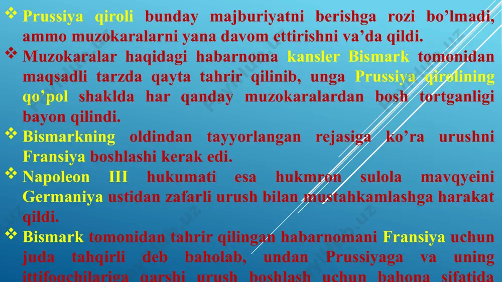 ansuz qo’shinlarining harbiy tayyorgarligi yetarli bo’lmasdan, ular parij garnizoni bilan kelishgan holda harakat qilmadi. shuning uchun harbiy korpuslarni tashkil etish tadbiri jiddiy natija bermadi. fransiyaning harbiy strategik ahvoli og’irligicha qolaverdi. 1870 yilning sentyabrida parij qurshovga olindi. prussiya qirolinnig qarorgohi versalga joylashtirildi. 1871 yilning 18 yanvarida versalda o’ro’shda g’olib kelgan german davlatlarining qirollari, gersoglari va hukumat boshliqlari yig’ildi. vilgelm i gogensollern germaniya imperatori deb e’lon qilindi. germaniyaning birlashtirilishi nihoyasiga yetkazilib, yagona germaniya imperiyasi tashkil topdi. dastlabki sulh «milliy mudofaa hukumati» dushmanga qarshilikni yaxshi tashkil qila olmadi. u xalqni qurollantirishni xohlamadi va revolyusion chiqishlar oldida qurquvga tushib, tezroq sulh tuzishga shoshildi. 26 yanvarda parij atrofida harbiy xarakatlar to’xtatildi. 1871 yil 28 yanvarda muvvaqqat hukumatning tashqi ishlar vaziri j.favr sulh tuzish uchun versalga keldi va germaniya uchun o’ta foydali shartlarda dastlabki sulh bitimini imzoladi. bismarkning asosiy shartlaridan biri fransiya milliy majlisini chaqirish va sulh shartnomasini tasdiqlatishdan iborat edi. 12 fevralda bordo shahrida yig’ilgan …