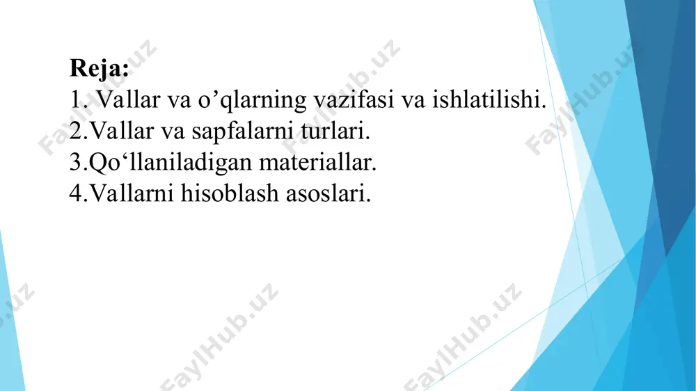 ta ko‘p bo‘ladi. og‘irligi katta bo‘lgan vallar mustahkamligi yuqori darajali bo‘lgan cho‘yan materiallardan tayyorlanishi mumkin. vallarni hisoblash asoslari. vallarning eguvchi moment meg va burovchi moment mb ta’siriga chidamliligi, bikrliligi hamda vibrabardoshligi hisoblanadi. o‘qlarni hisoblash vallarni hisoblashning mb = 0 bo‘lgandagi xususiy holidir. shuning uchun o‘qlarni hisoblash haqida alohida to‘xtalib o‘tirishning hojati yo‘q. val xisobi odatda 2 bosqichda bajariladi: loyixaviy (taqribiy) xisob, bunda valning konstruktiv sxemasidan va buralishdagi kuchlanish buyicha statik mustaxkamlik shartidan kelib chiqqan xolda eng kichik kesimdagi val diametri, konstruktiv va texnologik muloxazalardan kelib chiqib esa val pog‘onalari diametri aniqlanadi. tekshiruv (aniqlashtirilgan) xisob, bunda val konsruksiyasi va uning uzunligi buyicha yuklanishlar taqsimoti taqqoslab turib val xavfli kesimlaridagi toliqishga mustaxkamlikning extiet koffitsienti xisoblanadi. loyixaviy (takribiy ) xisob kamaytirilgan ruxsat etilgan burovchi kuchlanish [ ] buyicha buralishga xisoblab, valdagi aylantiruvchi moment uzatuvchi yoki qabul qiluvchi eng kichik kesimi diametrining takribiy qiymati aniqanadi. topilgan taxminiy diametrga asoslanib, valning tuzilishi chama bilan chizib …