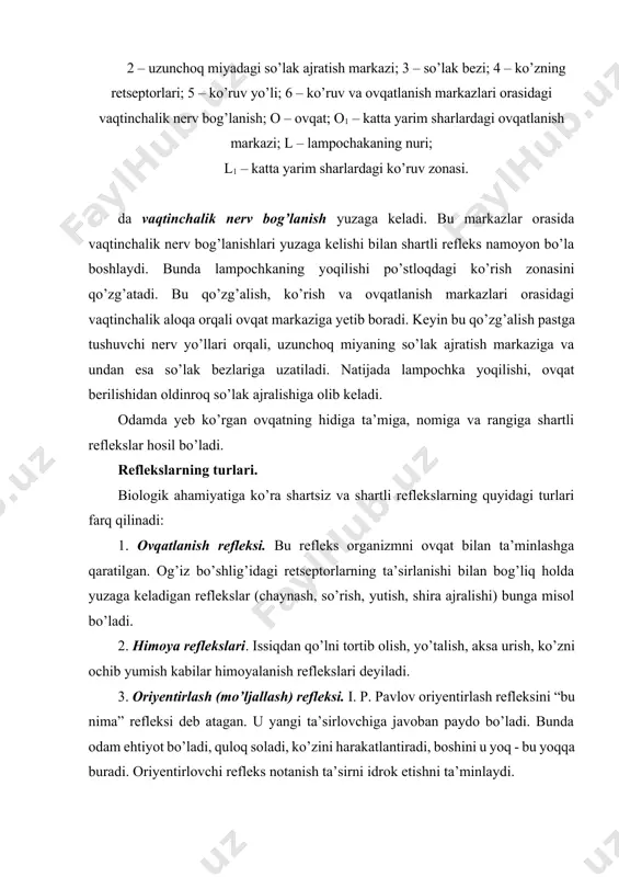 shartli reflekslar noto’g’ri tarbiya natijasida yuzaga keladi va u 1-nchi navbatda o’ziga, oilasiga va jamiyatga zarar keltiradi. zararli shartli reflekslarga dangasalik, yomon odatlar, ishyoqmaslik, alkogolizm, narkomaniya va boshqalar misol bo’ladi. birinchi va ikkinchi signal sistemasining shartli reflekslari. tashqi va ichki ta’sirlarning sezgi organlari orqali qabul qilinishi natijasida hosil bo’lgan reflekslarni birinchi signal sistemasining reflekslari deyiladi. bu reflekslar odam va yuksak hayvonlarda deyarli bir xil bo’ladi. tashqi dunyoni og’zaki va yozma nutq orqali anglashni ikkinchi signal sistemasi deyiladi. yozma va og’zaki nutq odamga avlodlarning tajribasini egallashga imkon yaratadi. odam ajdodlarining tajribalarini boshqa odamlar bilan muloqatda bo’lib, kitoblardan, madaniy yodgorliklar, san’at asarlaridan oladilar. yozma va og’zaki nutq orqali odamlar, insoniyatning ming yillar davomida to’plagan bilimlariga ega bo’ladilar. markaziy nerv sistemasida tormozlanish. oliy nerv faoliyatining tiplari. tormozlanish. markaziy nerv sistemasida ikki xil fiziologik jarayon: qo’zg’alish va tormozlanish muntazam ravishda davom etib, bir-biri bilan almashinib turadi. tormozlanish organizm uchun himoya ahamiyatiga ega bo’lib, u …