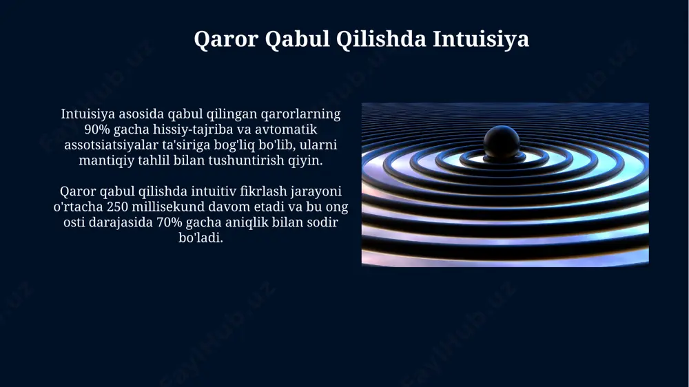 lish jarayoniga, xususan, individualizm yoki kollektivizm darajasiga sezilarli ta'sir ko'rsatadi, bu 2 ta asosiy modelni farqlash imkonini beradi. intuisiya va shaxsiyat xususiyatlari yuqori darajadagi hissiy aql (eq)ga ega bo'lgan shaxslar, 50% dan yuqori ehtimol bilan, noaniq vaziyatlarda intuitiv sezgi orqali samaraliroq muloqot qila oladilar. intuitiv fikrlash uslubi kognitiv funksiyalarning 30% ini tashkil etadi va bu shaxsiyatning ijodiy va muammolarni yechish qobiliyatiga bevosita ta'sir qiladi. intuisiya va psixologik kasalliklar obsessiv-kompulsiv buzuqlik (okb)da takrorlanuvchi fikrlar va majburiy harakatlar odamning intuitsion bilimlarini to'sib qo'yishi va kognitv funktsiyalarni (taxminan 25%) pasayishiga olib keladi. intuitsiya buzilishi shizofreniya kabi psixotik kasalliklarda 70% gacha hollarda kuzatiladi, bu esa reallikni noto'g'ri idrok etish va xato xulosalar chiqarishga olib keladi. e'tiboringiz uchun rahmat @taqdimot_robot image5.jpg image6.jpg image7.jpg image8.jpg image9.jpg image10.jpg image11.jpg image12.jpg image13.jpg image14.jpg image15.jpg image16.jpg image17.jpg image18.jpg image19.jpg image20.jpg image21.jpg image1.jpg