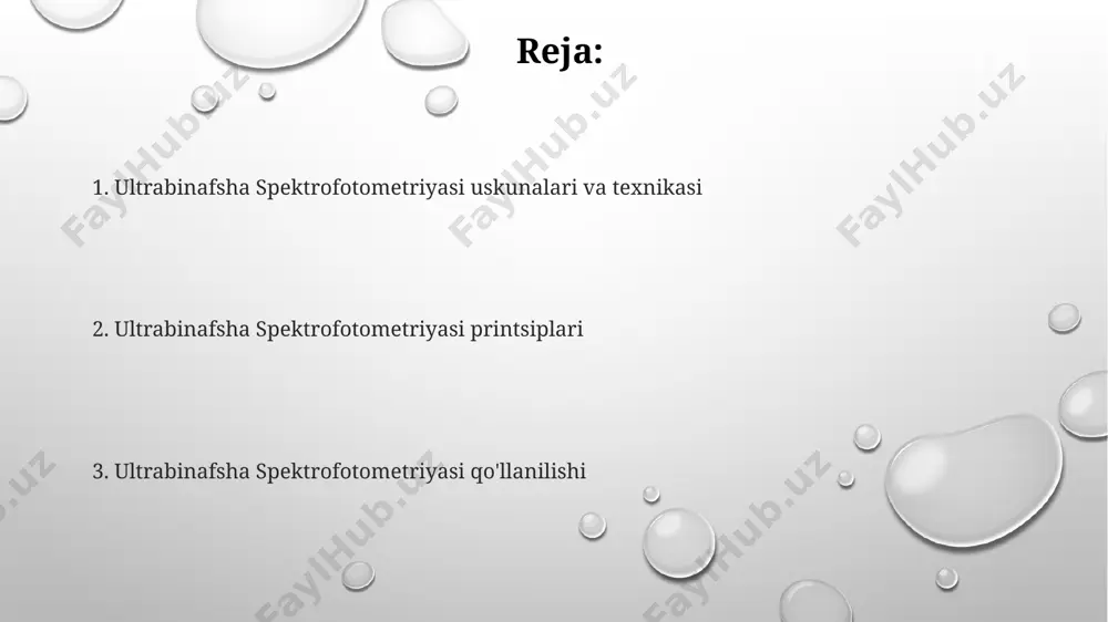 a moddalarning konsentratsiyasini aniqlashda keng qo'llaniladi, bu esa kimyoviy reaksiyalarni kuzatish imkonini beradi. farmatsevtika sanoatida 190-400 nm oralig'ida dorilarning tozaligini va tarkibidagi iflosliklarni aniqlashda uv spektrofotometriyasi muhim rol o'ynaydi, bu sifat nazoratini yaxshilaydi. biokimyoviy tadqiqotlarda oqsil va nuklein kislotalarning miqdorini aniqlashda 280 nm va 260 nm da absorbsiya piklaridan foydalaniladi, bu esa yuqori aniqlikni ta'minlaydi. namuna tayyorlash usullari spektrofotometrda o‘lchashdan oldin, eritmani to‘liq aralashtirish va 0,1 mikrongacha filtrlash orqali cho‘kmalarni va bulutlanishni oldini olish muhim. namuna tayyorlashda, 1 sm qalinlikdagi kvars küvetalaridan foydalanib, analit eritmasining konsentrasiyasi 10-5 dan 10-3 mol/l oralig‘ida bo‘lishi kerak. uv spektrofotometriya uchun namuna tayyorlashda solventlarning tozaligi muhim ahamiyatga ega bo‘lib, tozaligi 99,9% dan yuqori bo‘lgan solventlardan foydalanish tavsiya etiladi. tibbiyotdagi qo'llanilishi uv spektrofotometriyasi yordamida qon plazmasidagi 200-400 nm oralig'idagi absorbsiya spektrlarini tahlil qilish orqali, sariqlik kasalligi diagnostikasida bilirubin darajasini aniqlash mumkin. uv spektrofotometriyasi yordamida siydikdagi 254 nm da nuklein kislotalarning absorbsiyasi buyrak kasalliklarini aniqlashda muhim diagnostik …