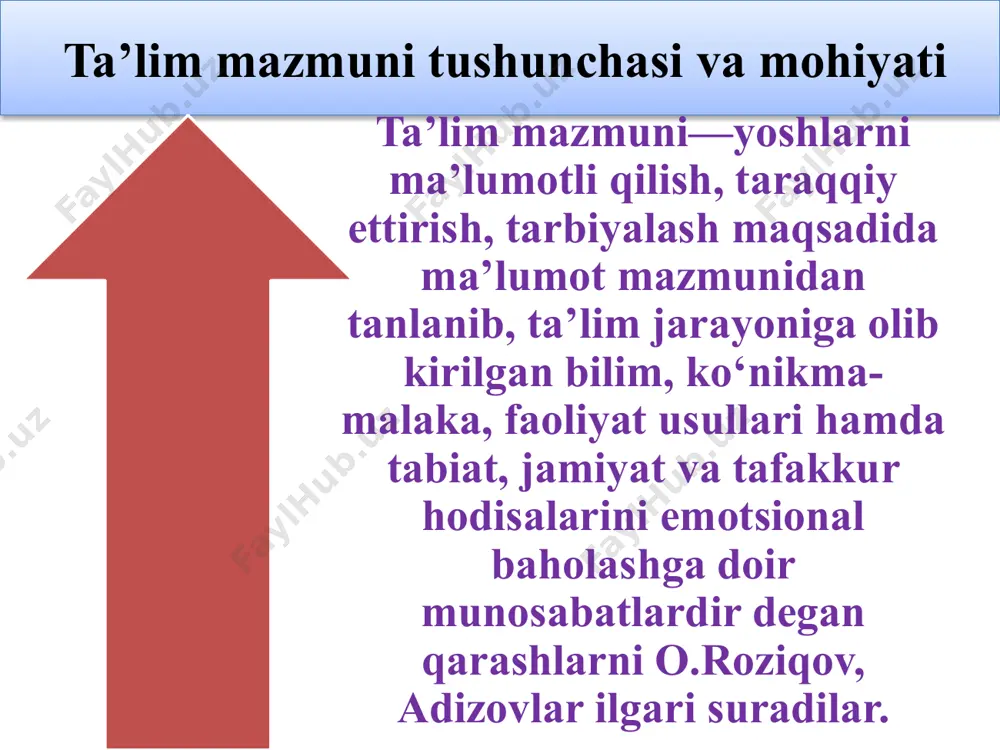 bilimlar bilan qurollantirish deb hisoblaydilar. bu fikrni o‘z davrida (ya.a.komenskiy, g. spenser v.b.) ham ta’kidlab o‘tganlar. hozirgi paytda ham ushbu qarash tarafdorlari mavjud. ta’lim mazmunini tanlash prinsiplari va mezonlari ta’lim - bu ta’lim, tarbiya, rivojlanish jarayonlaridan hosil bo‘luvchi, maxsus tashkil etilgan tizim bo‘lib, unda shaxsni bilim, ko‘nikma va malakalarni o‘zlashtirishi hamda ularda dunyoga bo‘lgan ijodiy munosabat shakllanadi. ta’lim tizimini modernizatsiya qilishning barcha tadbirlari me’yoriy- huquqiy hujjatlarda «ta’lim to‘g‘risida»gi o‘zbekiston respublikasi qonuni, kadrlar tayyorlash milliy dasturida o‘z aksini topgan. zamonaviy ta’limni modernizatsiya qilishning asosiy yo‘nalishlari quyidagilar. 14 fundamentalizatsiyalashtirish -bu ta’limni sistemali tarzda fundamental bilimlar va ijodiy tafakkur yo‘llari bilan, borliq va hodisalarni bilish prinsiplari, metodologik asoslari, nazariyalari bilan boyitib borish. pragmatizatsiyalashtirish - bu fundamentalizatsiyalashtirishning asosiy yo‘nalishi hisoblanadi. pragmatizatsiyalash -bu ta’limda amaliyotni kuchaytirish. u yosh avlod faoliyat xususiyatlarini yoshlar tomonidan o‘zlashtirilishini taqozo etadi. metodologizatsiyalashtirish - bu ta’lim mazmunini zamonaviy ilmiy yondashuvlar, tizimli, dinamik, umumlashgan bilimlar tizimi bilan boyitilishi. integratsiya zamonaviy ta’limni rivojlanish …