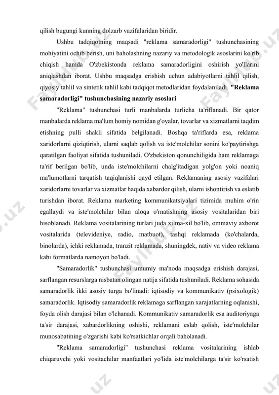 ishi, roi) va psixologik (xabardorlik, esdalik, munosabatning o'zgarishi, xarid qilish niyati) jihatlarni o'z ichiga oladi. reklama samaradorligini baholashning asosiy maqsadi reklama kampaniyasining muvaffaqiyatini aniqlash, marketing strategiyasini takomillashtirish, byudjetni optimallashtirish va resurslardan oqilona foydalanishdan iborat. reklama samaradorligini baholashning ahamiyati reklama samaradorligini o'lchash biznes uchun juda zarurdir. bu kelgusida reklamaga qancha mablag' sarflash kerakligini aniqlashga yordam beradi. shuningdek, samarali bo'lmagan reklama kanallariga investitsiyalarni kamaytirish va aksincha, yaxshi natija berayotgan kanallarga ko'proq mablag' yo'naltirish imkonini beradi. reklama samaradorligini baholash marketing strategiyasining to'g'riligini aniqlashga, xatolarni bartaraf etishga va kelgusida to'g'ri qarorlar qabul qilishga yordam beradi. bundan tashqari, u maqsadli auditoriyani to'g'ri tanlashni ta'minlash, ta'sirchan reklama xabarini yaratish zarurligini ko'rsatish va reklama kanallarini to'g'ri tanlashga yordam berish orqali marketing strategiyasini optimallashtirishda muhim rol o'ynaydi. reklama samaradorligini baholash mavjud resurslardan (vaqt, pul, inson resurslari) eng yaxshi tarzda foydalanishga, marketing bo'limining hisobdorligini oshirishga va raqobatbardoshlikni ta'minlashga ko'maklashadi. ushbu tahlil firma rivojlanishining muqobil strategiyalarini belgilashda ham muhim ahamiyatga …