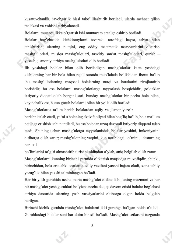 asida ta‘limni tashkil etish shaklidir. u maktabgacha tarbiya yoshidagi hamma bolalar uchun majburiydir: unda dastur mazmuni belgilab berilgan, kun tartibida unga ma‘lum o’rin va vaqt ajratilgan. mashg’ulot tarbiyachi rahbarligida o’tkaziladi, tarbiyachi mashg’ulotda bolalarni yangi bilimlardan xabardor qiladi, bolalar egallab olgan bilimlarni esa aniqlab. mustahkamlaydi, bolalarning amaliy mashg’ulotlarini tashkil etadi. o’quv materialining mazmuni asta –sekin murakkablashtirilib boriladi. mashg’ulot bolalarni maktabga tayyorlashda katta ahamiyatga ega. mashg’ulot orqali bolalar o’quv malakasini egallab oladilar, o’z –o’zini yaxshi tashkil etadigan bo’lib qoladilar. ularda barqaror diqqat, irodani, diqqatni jalb eta olish kabi qobiliyatlar rivojlanadi. izchillik bilan ta‘lim berish natijasida bilimga qiziqishlari rivojlana boradi. bolalarga bilim berishni jamoa usulida olib borish katta ahamiyatga ega: birgalikdagi faoliyatda bolalar bir –birlariga faol ta‘sir etishadi, o’z tashabbusi, topag’onligini namoyon qilish imkoniyati tug’iladi. bolalar oldiga umumiy zo’r berishni talab etuvchi vazifa qo’yilganda birgalikda qayg’urishadi, jamoatchilik hissi shakllanadi. ekskursiyalar, rasm qirqib yopishtirish, qurish –yasash ishlarini birgalikda bajarish, umumiy raqs –o’yinlarini ijro etish, …