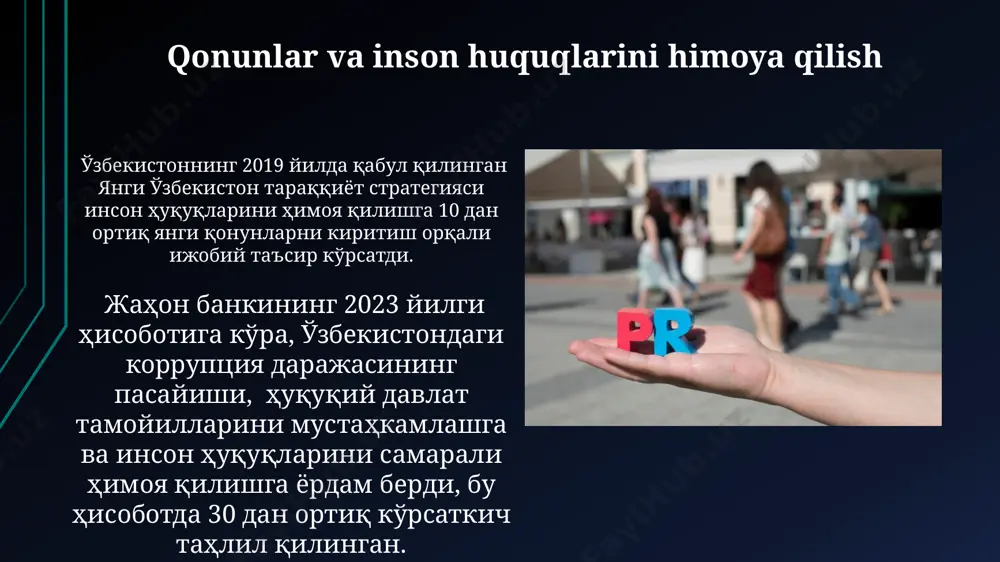 latli sudga kirish huquqining jiddiy buzilishiga dalolat beradi. inson huquqlarini buzishning oldini olish jahon bankining 2022-yilgi hisobotiga ko'ra, qonun ustuvorligini ta'minlash orqali, masalan, korruptsiyani kamaytirish yo'li bilan, keniyada inson huquqlari buzilishi 15% ga kamaygan. qo'shma shtatlarda 1964-yilgi fuqarolik huquqlari to'g'risidagi qonun qabul qilinganidan keyin irqiy kamsitishlarga qarshi jamoat nazorati kuchayib, sud ishlari soni 2 barobarga kamaydi. jamoatchilik fikri va inson huquqlari ўзбекистондаги 2017 йилдан кейинги конституциявий ислоҳотлар жамоатчилик фикрининг инсон ҳуқуқларини мустаҳкамлашдаги ролини 20% га оширди, бу эса фуқароларнинг ҳуқуқларини ҳимоя қилишда кўпроқ иштирок этишига олиб келди. тошкент шаҳридаги 5 та ннт тажрибаси кўрсатиб турибдики, маҳаллий жамоатчилик фикрининг фаол иштироки билан инсон ҳуқуқлари бузилиши ҳолатлари 30% га камайган. kelajakdagi istiqbollar va tavsiyalar ijtimoiy tarmoqlar orqali inson huquqlarini buzish holatlarini kuzatish va 5 ta yirik shaharda (toshkent, samarqand, buxoro, xorazm, andijon) maxsus monitoring guruhlarini tuzish orqali tezkor javob berish tizimini yo‘lga qo‘yish zarur. 2030-yilgacha inson huquqlarini himoya qilish bo‘yicha xalqaro hamjamiyatning …