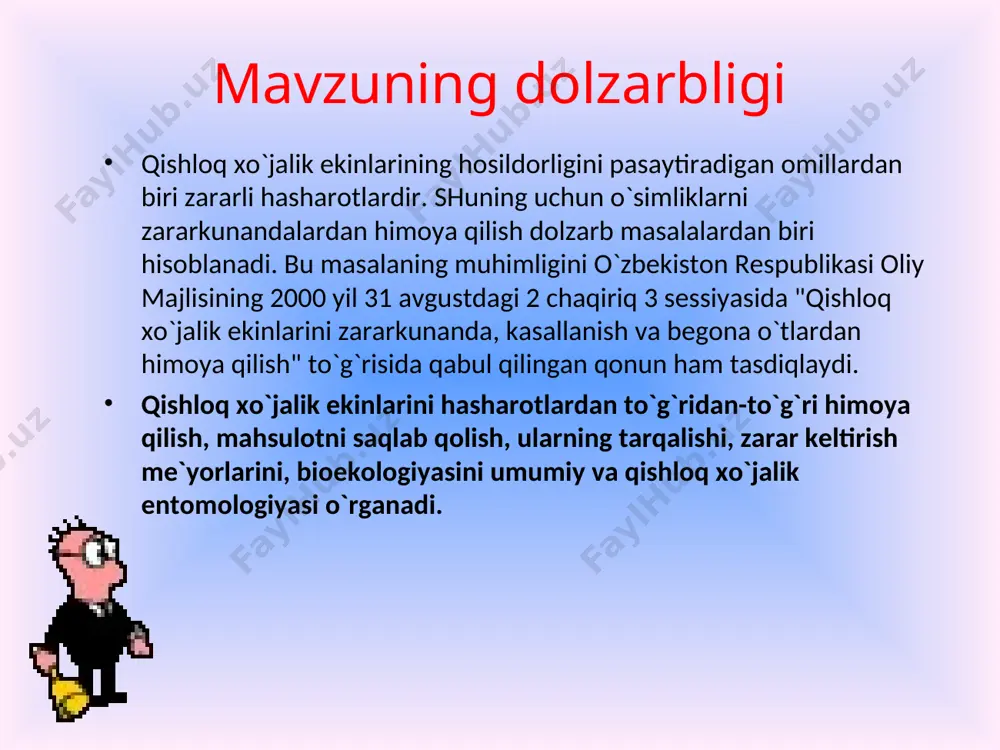 alarida erkin yashaydigan turlari ko`pchilikni tashkil etdi. ko`pchilik erkin yashovchi nematodalar odamda mikroskop kattalikda bo`lib 0,8-1,0 mm, ayrim turlari 2-3 sm.gacha keladi. nemotodalar orasida 3000 dan ortiq turlari odam, hayvon va o`simliklarda parazitlik qiladi. ko`pchilik parazit nemotodalar erkin yashovchi turlarga nisbatan yirik, ba`zan 1,0 metrgacha etadi, hatto 8,0 metrgacha (komlolotlar yo`ldoshi paraziti – placentonema gugantissima) etadi. nematodalaridan ba`zi birini ko`rib chiqamiz. hasharotlarning sistematik guruhlari: hasharotlarning sistematikasida og`iz organlari va qanotlarining tuzilishi asosiy o`rin tutadi. hasharotlar yashirin jag`lilar va ochiq jag`lilar deb ataladigan mashta kenja sinfga hamda 34 dan ortiq turkumlarga ajratiladi. g.ya.bey-bienko sistematikasiga asosan hasharotlarning hozirgi klassifikatsiyasi ancha to`liq ishlab chiqqan. hasharotlar to`liq o`zgarishli - holometa bola va to`liqsiz - hemimeta bola o`zgarishli hasharotlar guruhiga bo`linadi. keyingi yillarda hasharotlar klassifikatsiyasini quyidagicha tasavvur qilish mumkin. tuban yoki boshlang`ich qanotsizlar kenja sinfi – apterigota yuksak taraqqiy etganlar yoki qanotlilar kenja sinfi - pterigota. 4-bo`lim. bug`doy zararkunandalari va qarshi kurash choralari. g`alla ekinlariga …