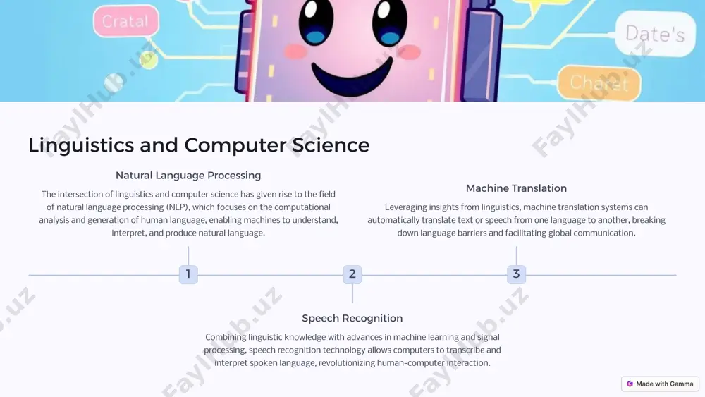 ts human societies and cultures computer science advancements in natural language processing, speech recognition, and machine translation enables the development of cutting-edge language technologies that revolutionize human-computer interaction and global communication conclusion: the synergies of linguistics in conclusion, the interdisciplinary nature of linguistics is a testament to the richness and complexity of human language. by forging connections with fields as diverse as psychology, anthropology, computer science, and neuroscience, linguists have unlocked new avenues of inquiry and collaboration, leading to groundbreaking insights that deepen our understanding of the human experience and the world we inhabit. as we move forward, the continued intersection of linguistics with other disciplines promises to yield even greater discoveries and innovations that will shape the future of our knowledge and our ability to communicate across boundaries. image1.png image10.png image11.png image2.png image12.png image3.png image4.png image13.png image5.png image14.png image6.png image15.png image16.png image17.png image18.png image7.png image19.png image20.png image21.png image22.png image8.png …
