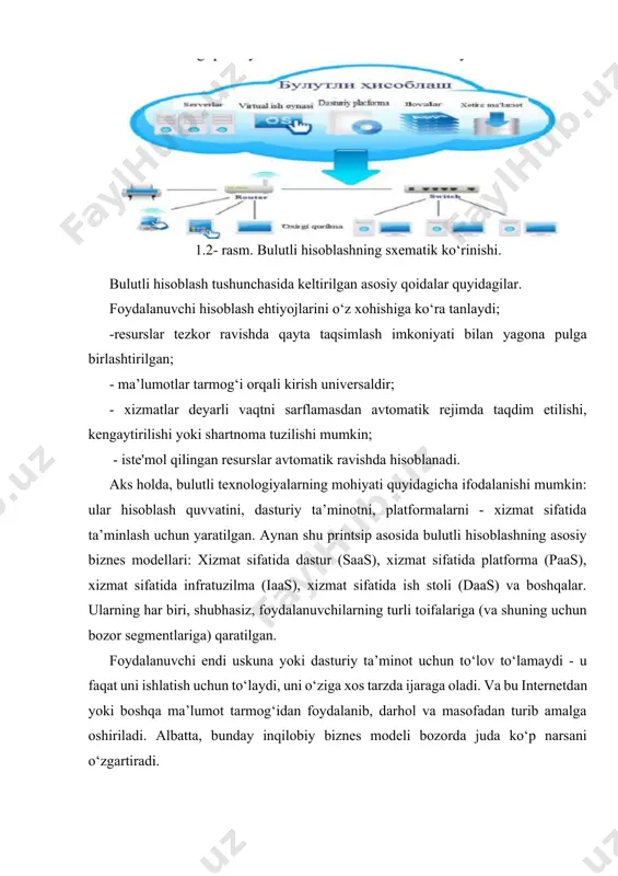 ohishiga ko‘ra tanlaydi; -resurslar tezkor ravishda qayta taqsimlash imkoniyati bilan yagona pulga birlashtirilgan; - ma’lumotlar tarmog‘i orqali kirish universaldir; - xizmatlar deyarli vaqtni sarflamasdan avtomatik rejimda taqdim etilishi, kengaytirilishi yoki shartnoma tuzilishi mumkin; - iste'mol qilingan resurslar avtomatik ravishda hisoblanadi. aks holda, bulutli texnologiyalarning mohiyati quyidagicha ifodalanishi mumkin: ular hisoblash quvvatini, dasturiy ta’minotni, platformalarni - xizmat sifatida ta’minlash uchun yaratilgan. aynan shu printsip asosida bulutli hisoblashning asosiy biznes modellari: xizmat sifatida dastur (saas), xizmat sifatida platforma (paas), xizmat sifatida infratuzilma (iaas), xizmat sifatida ish stoli (daas) va boshqalar. ularning har biri, shubhasiz, foydalanuvchilarning turli toifalariga (va shuning uchun bozor segmentlariga) qaratilgan. foydalanuvchi endi uskuna yoki dasturiy ta’minot uchun to‘lov to‘lamaydi - u faqat uni ishlatish uchun to‘laydi, uni o‘ziga xos tarzda ijaraga oladi. va bu internetdan yoki boshqa ma’lumot tarmog‘idan foydalanib, darhol va masofadan turib amalga oshiriladi. albatta, bunday inqilobiy biznes modeli bozorda juda ko‘p narsani o‘zgartiradi. axborotni hisoblash va …