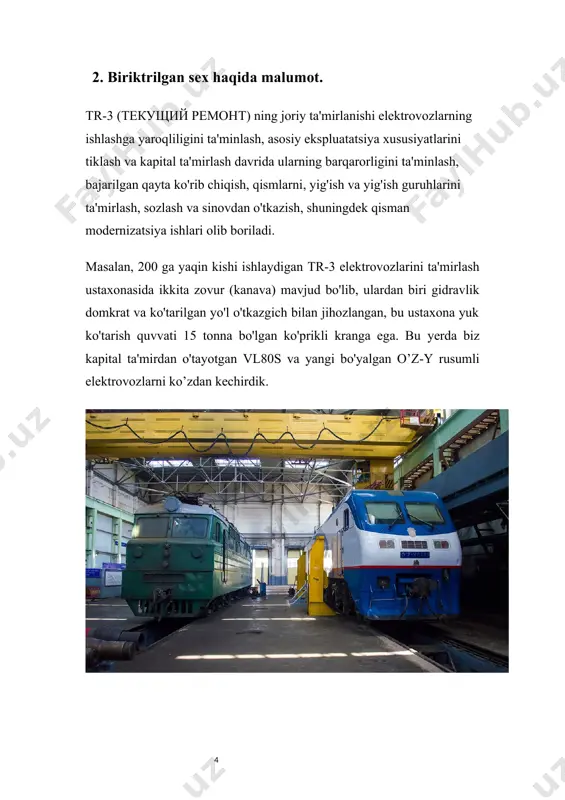 bo'g'inlarini tekshirish va ta'mirlash; g'ildirak-motor bloklarini ta'mirlash va alohida elementlarni almashtirish bilan demontaj qilish; g'ildirak guruhlarini tekshirish, ta'mirlash va burish; podshipniklar va boshqa elementlarni almashtirish bilan aks qutisi moslamasini ta'mirlash va qayta ko'rib chiqish; prujinali osma va gidravlik tebranish amortizatorlarini demontaj qilish, qayta ko'rib chiqish va ta'mirlash; uning elementlarini sinash bilan tormoz aloqasini ta'mirlash; amortizator qurilmalarini qayta ko'rib chiqish va ta'mirlash; asosiy va qo'shimcha tayanchlarni, shuningdek, kuzovning beshikli osmasini, yuk tushirishga qarshi va rulmanga qarshi qurilmalarni tekshirish va ta'mirlash; tananing individual elementlarini tekshirish va ta'mirlash; korpus va tomning tashqi ko'rinishini bo'yash, shuningdek, kabinani bo'yash.elektr apparatlari va sxemalari uchun quyidagi ishlar ko'zda tutilgan; elektr jihozlarini tekshirish va ta'mirlash, himoya vositalarini va o'rni sozlash, o'lchash asboblarini tekshirish, batareyani yuvish, simlarning izolyatsiyasi va ularni mahkamlashning yaxlitligini tekshirish va tekshirish. bundan tashqari, quyidagi tadbirlar amalga oshiriladi: tormoz va pnevmatik uskunalar va kompressorlarni ta'mirlash; havo tanklarini tekshirish va yuvish yoki belgilangan muddatlarga muvofiq gidravlik sinovdan …